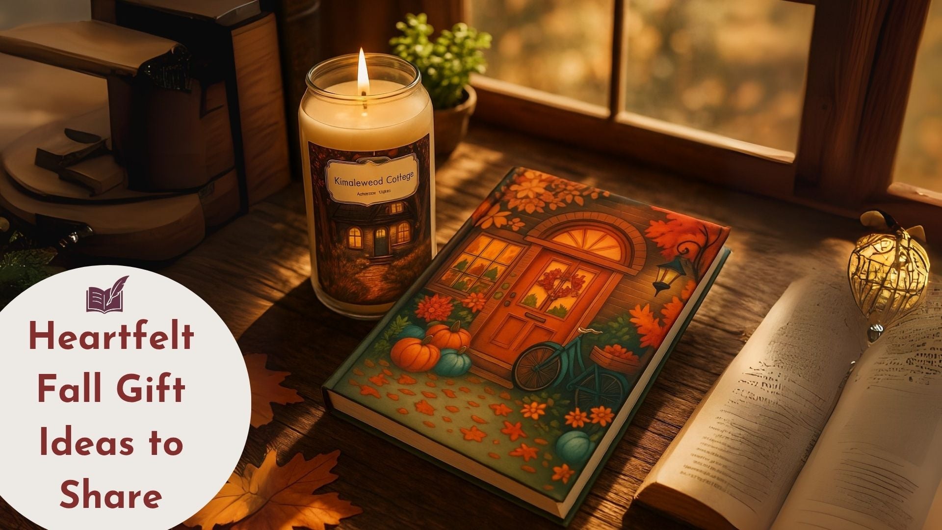 A cozy autumn scene with a lit candle labeled “Kindlewood Cottage” and a colorful fall-themed journal on a rustic windowsill.