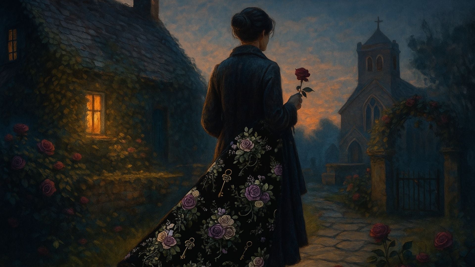Back view of woman carrying gothic floral blanket and rose on dusky path.