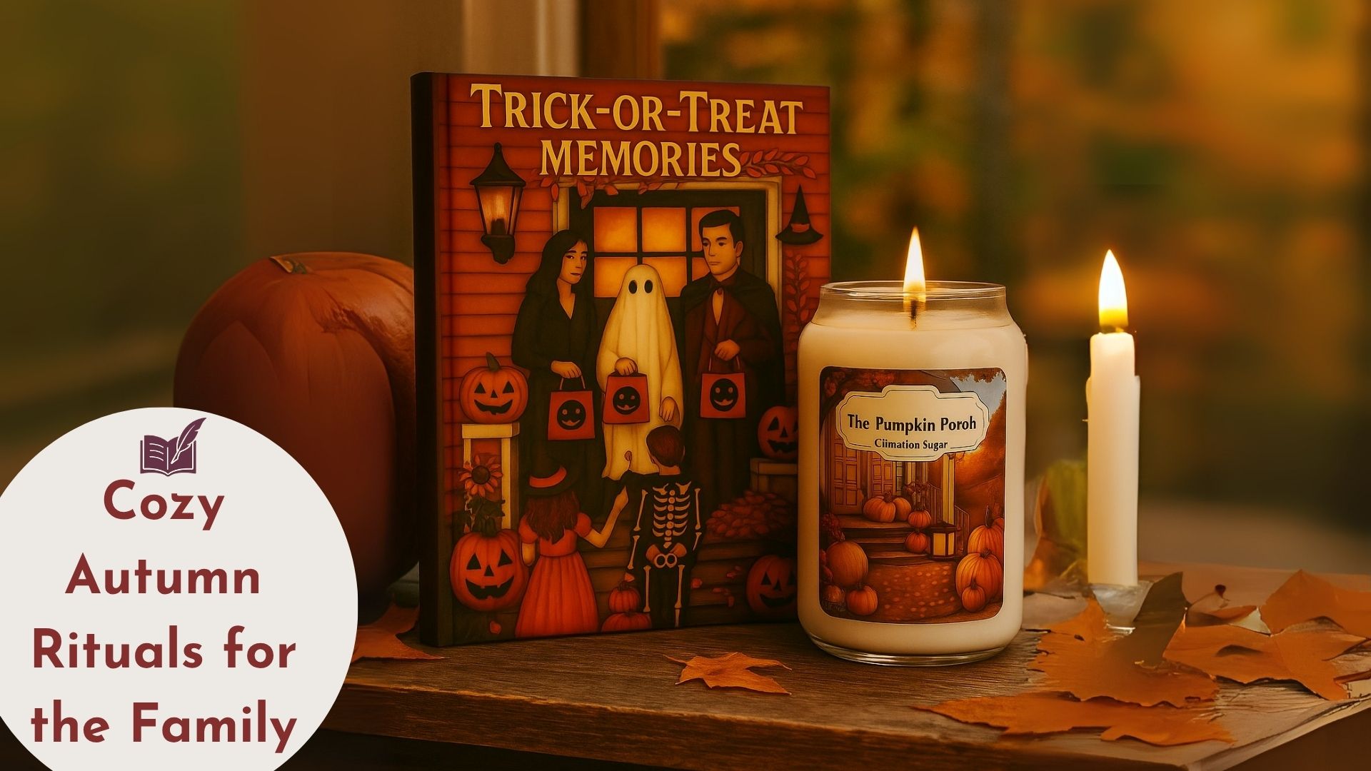 Trick-or-Treat memory journal and cinnamon sugar candle with pumpkins and warm candlelight on a fall windowsill.