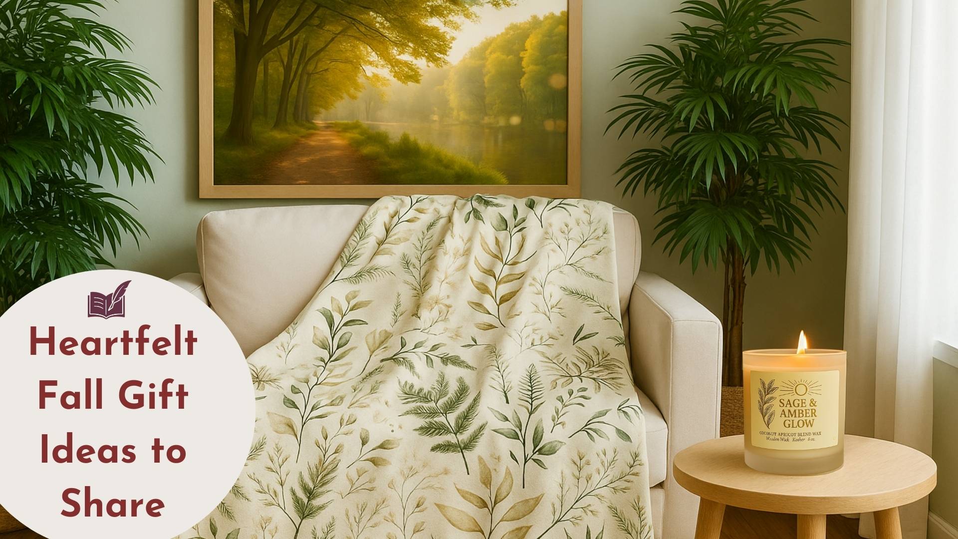 Cozy fall living room with autumn forest wall art, fern botanical throw blanket, and glowing amber soy candle.