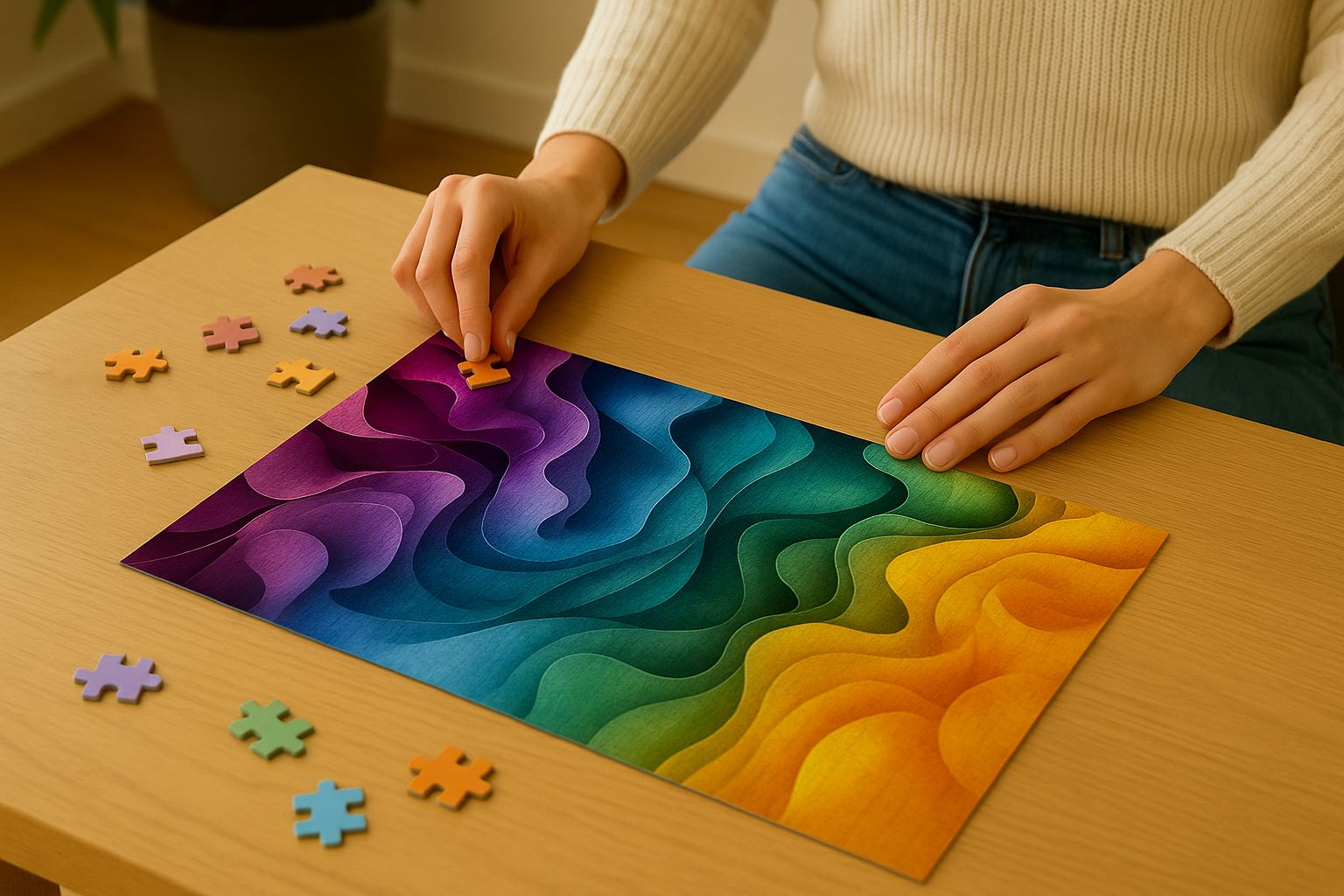 A vibrant jigsaw puzzle featuring soft rainbow gradients is partially assembled on a wooden table, with hands placing pieces in a cozy, sunlit room.