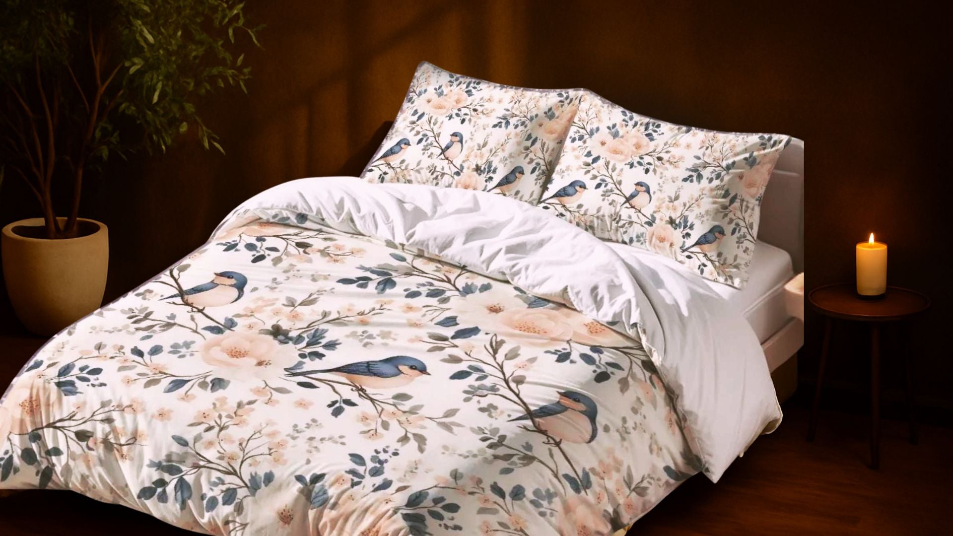 Sunlit bedroom with floral bird-print duvet and matching pillows on a low bed, surrounded by warm golden tones and soft natural textures.