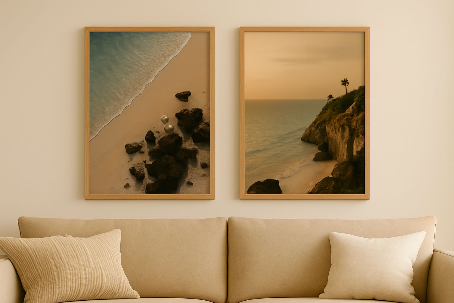 Living room couch with two pictures of coastal artwork.