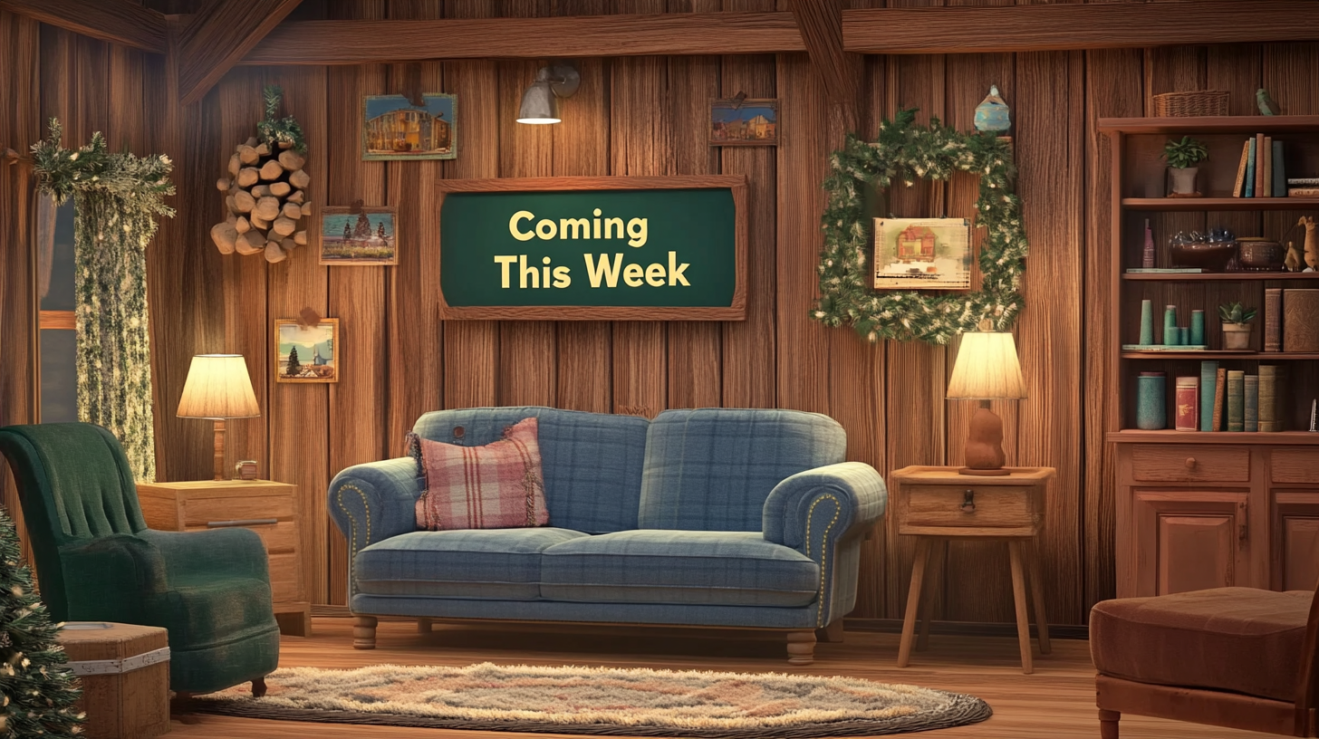 A "Coming This Week" sign hangs above the couch. Inviting atmosphere to talk about our relaxation techniques for cozy comfort.
