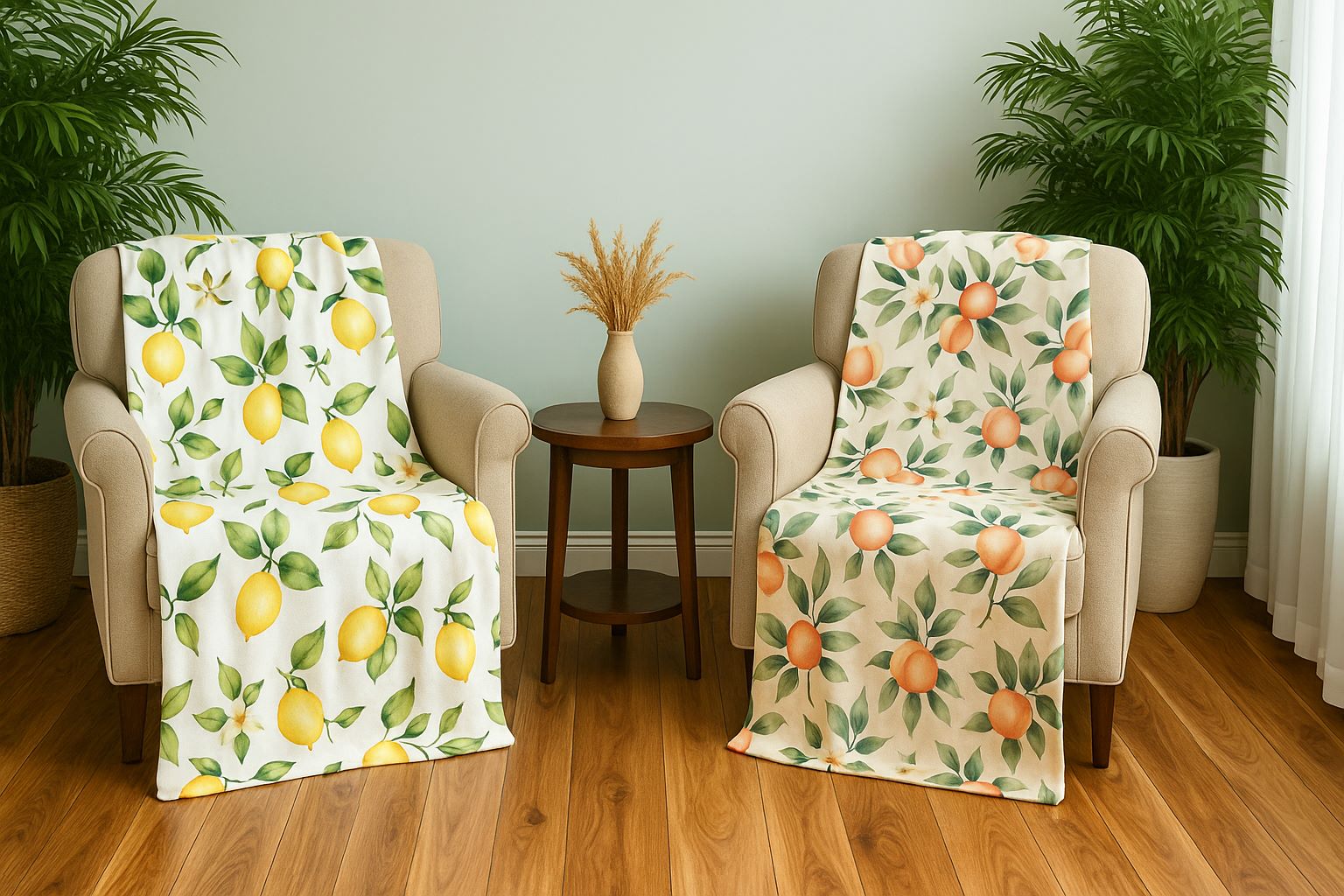 Two beige armchairs with lemon and peach-patterned throw blankets, separated by a wooden side table, in a sunlit cozy room.