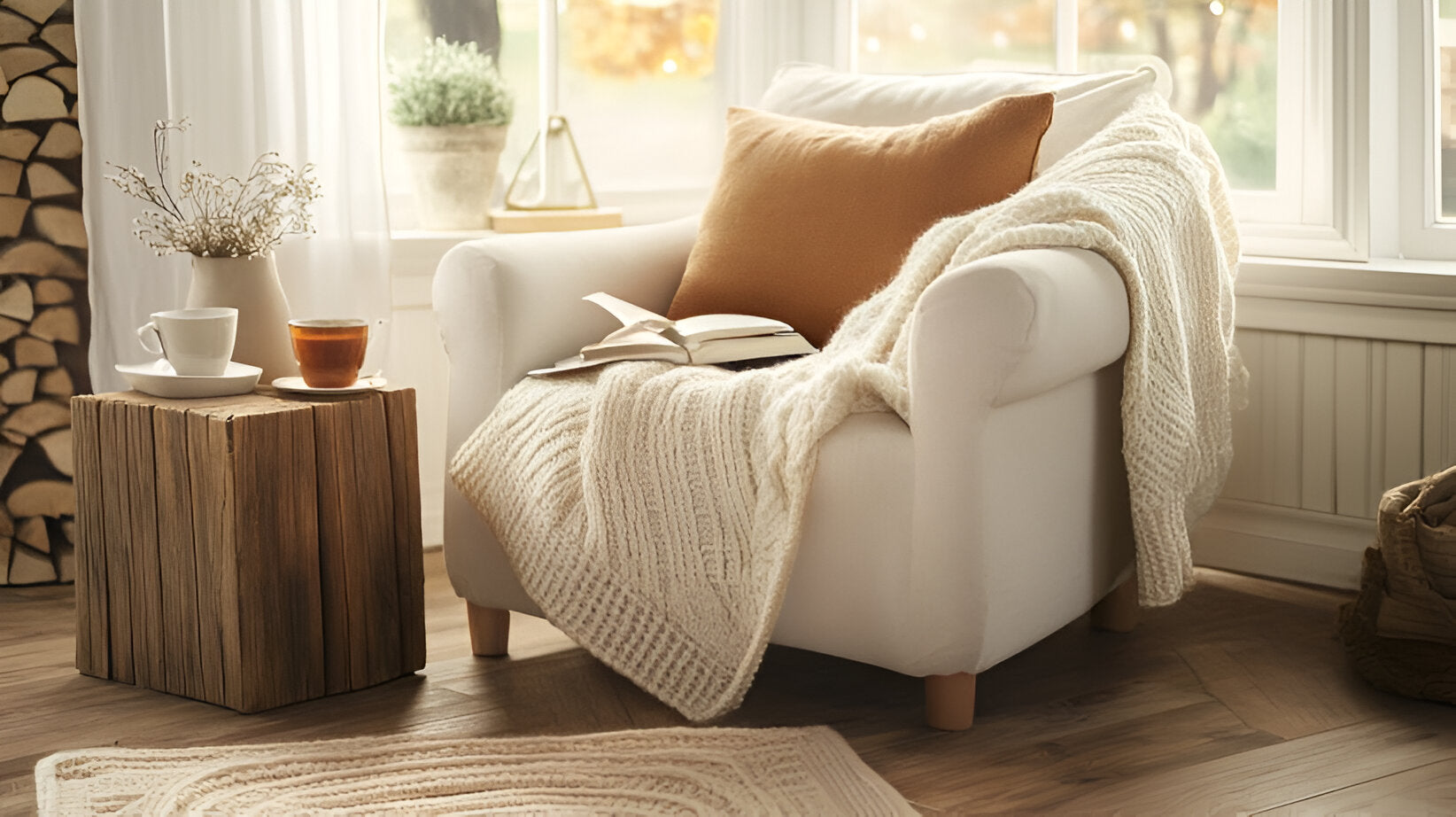 Earth-toned throw blanket draped over chair in cozy home setting with warm tea and soft lighting.