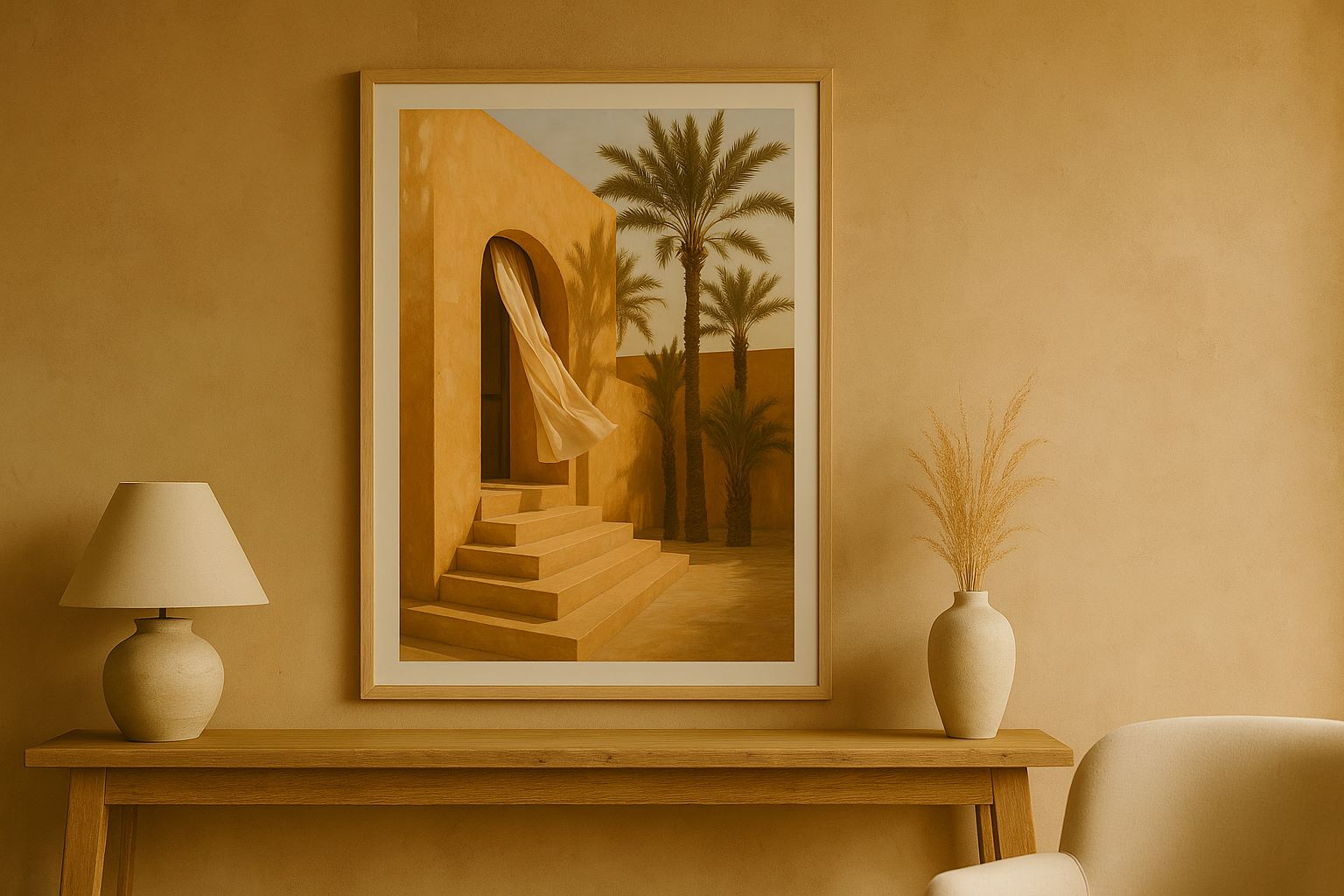 A framed photograph of a Mediterranean courtyard with a flowing linen curtain and tall date palms hanging above a slim console table.