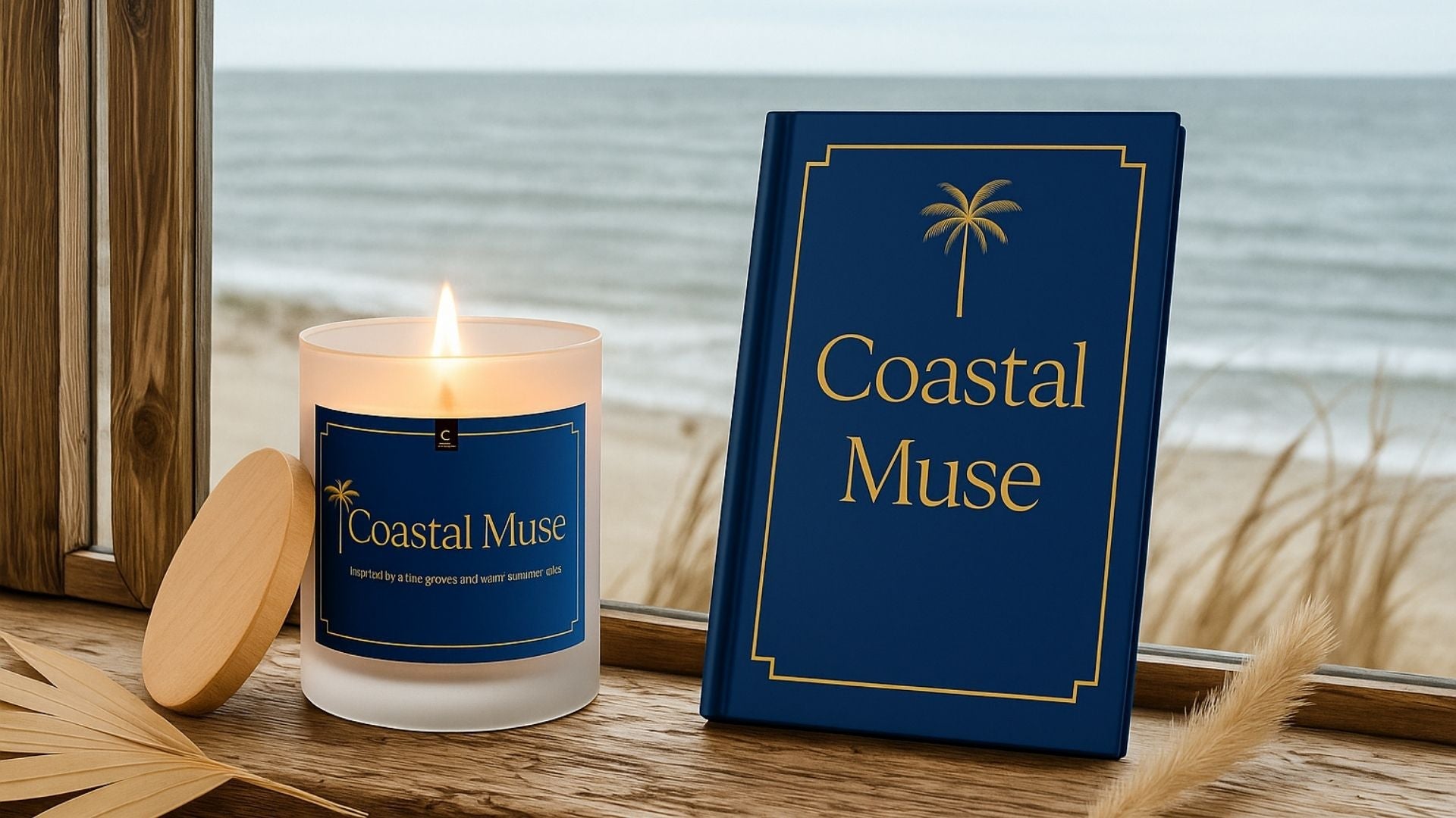 Coastal Muse candle and journal set on a beachside windowsill with ocean waves in the background
