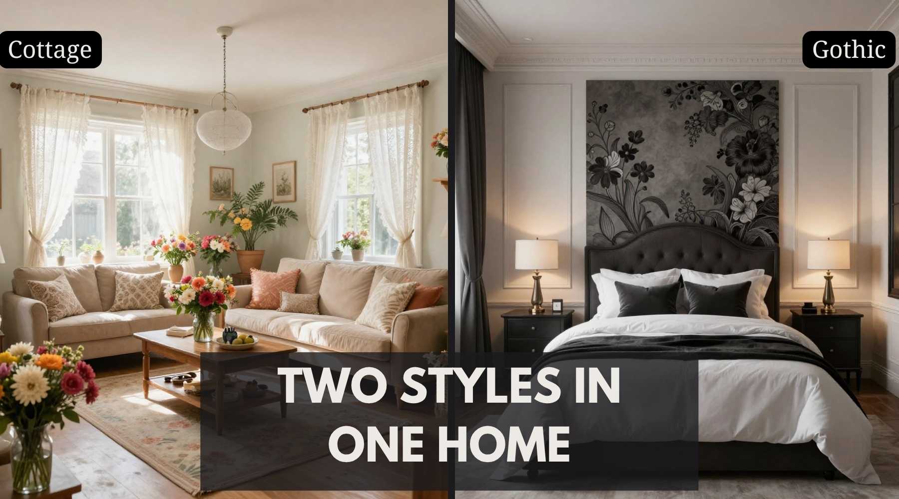 A cottage styled room and a gothic styled room side by side with the words, two styles in one home.