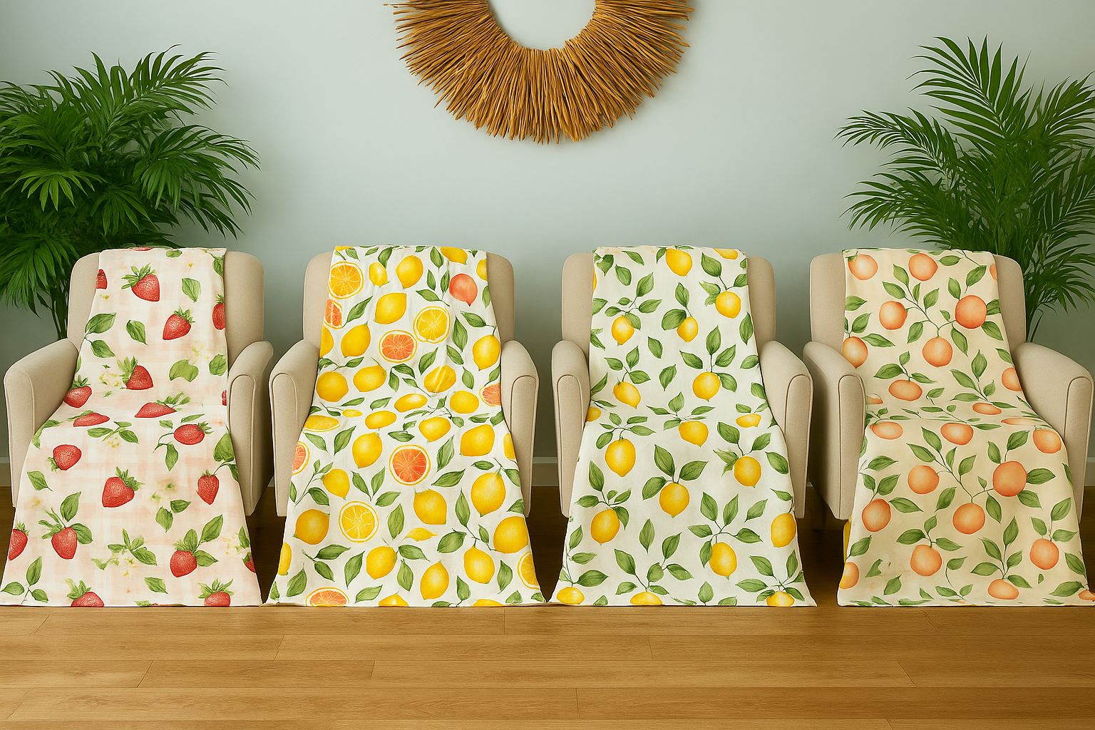 Orchard-themed blankets draped over a four light beige chairs with tropical plants in the background, styled in soft natural light.