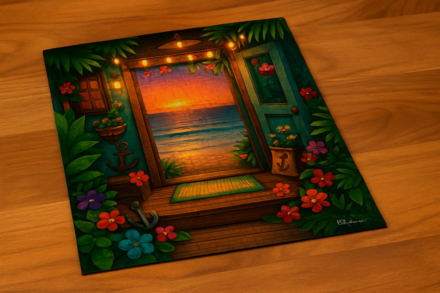 Final piece of the Sunset Doorway jigsaw puzzle, laid flat on a rustic wooden table, revealing a glowing tropical doorway opening onto a sunset-lit beach laid out on a wooden table.