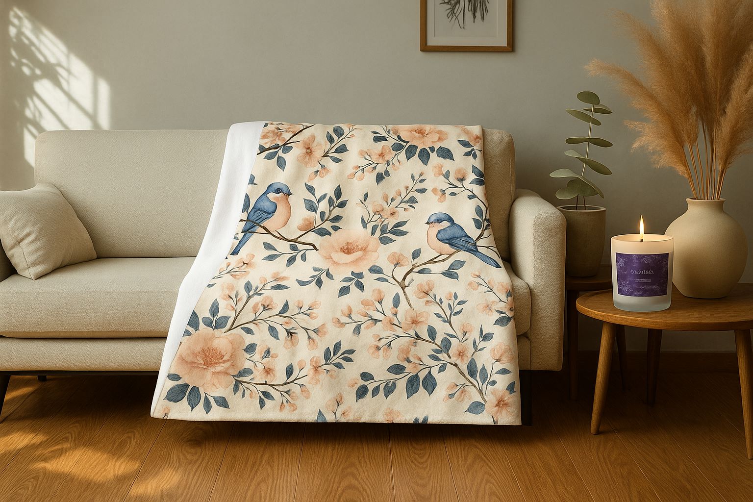 A cozy living room scene with a floral bird-patterned throw blanket draped over a cream sofa and a lavender-scented candle glowing softly on a wooden table nearby.