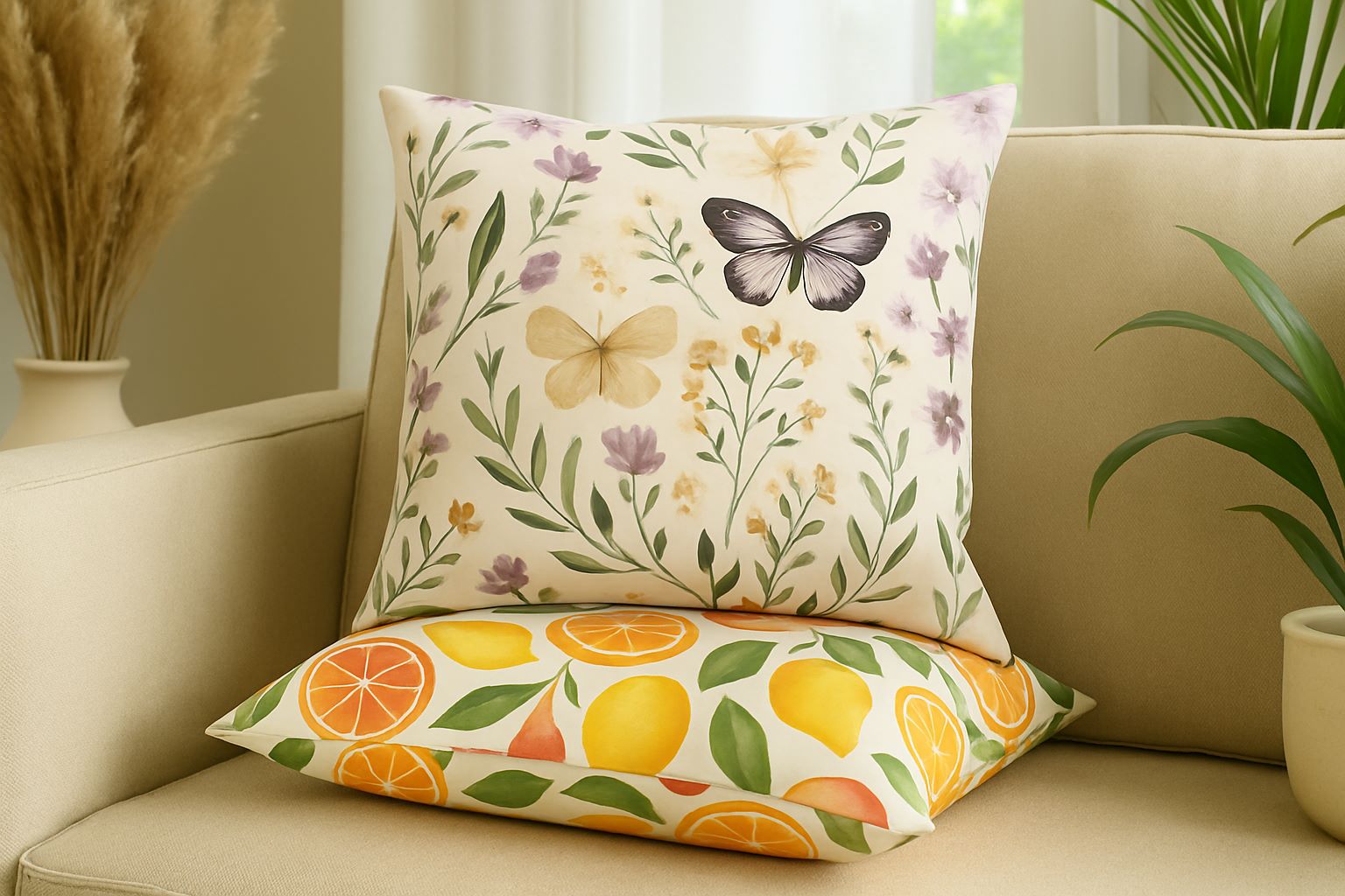 Two spring-themed throw pillows—one with a cherry design and one with a peach floral pattern—rest on a cozy cream sofa in a softly lit living room.