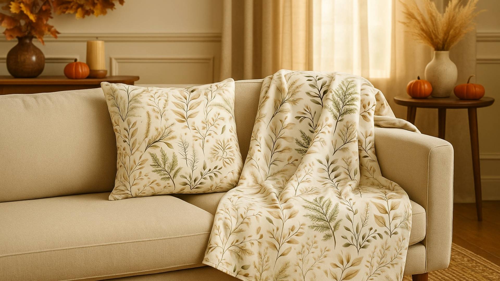 Beige sofa with autumn decor, botanical pillow and blanket, pumpkins, and warm light through window.