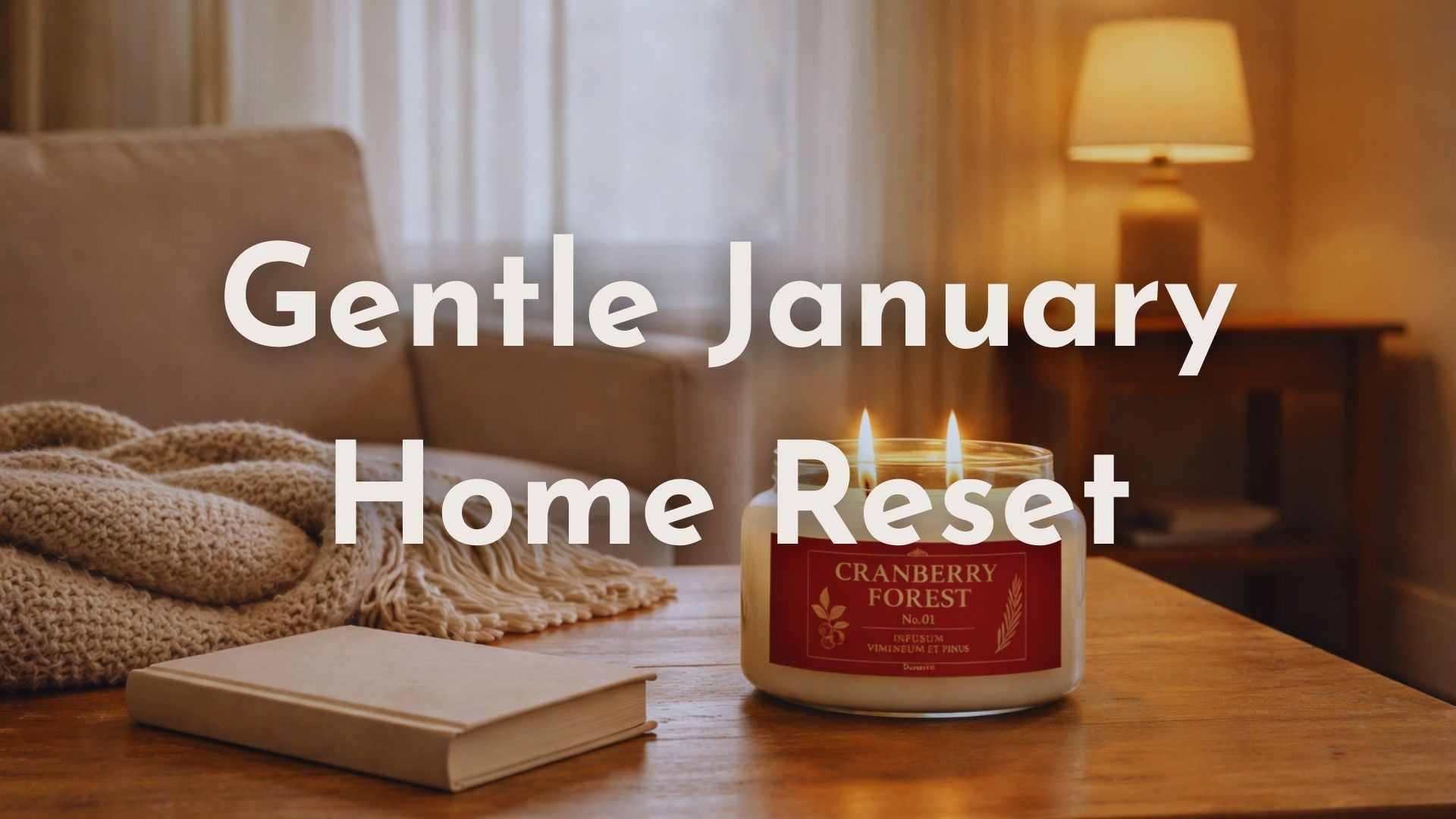 A lit Durazza Cranberry Forest candle on a wooden table with a cozy throw and book in a softly lit living room.