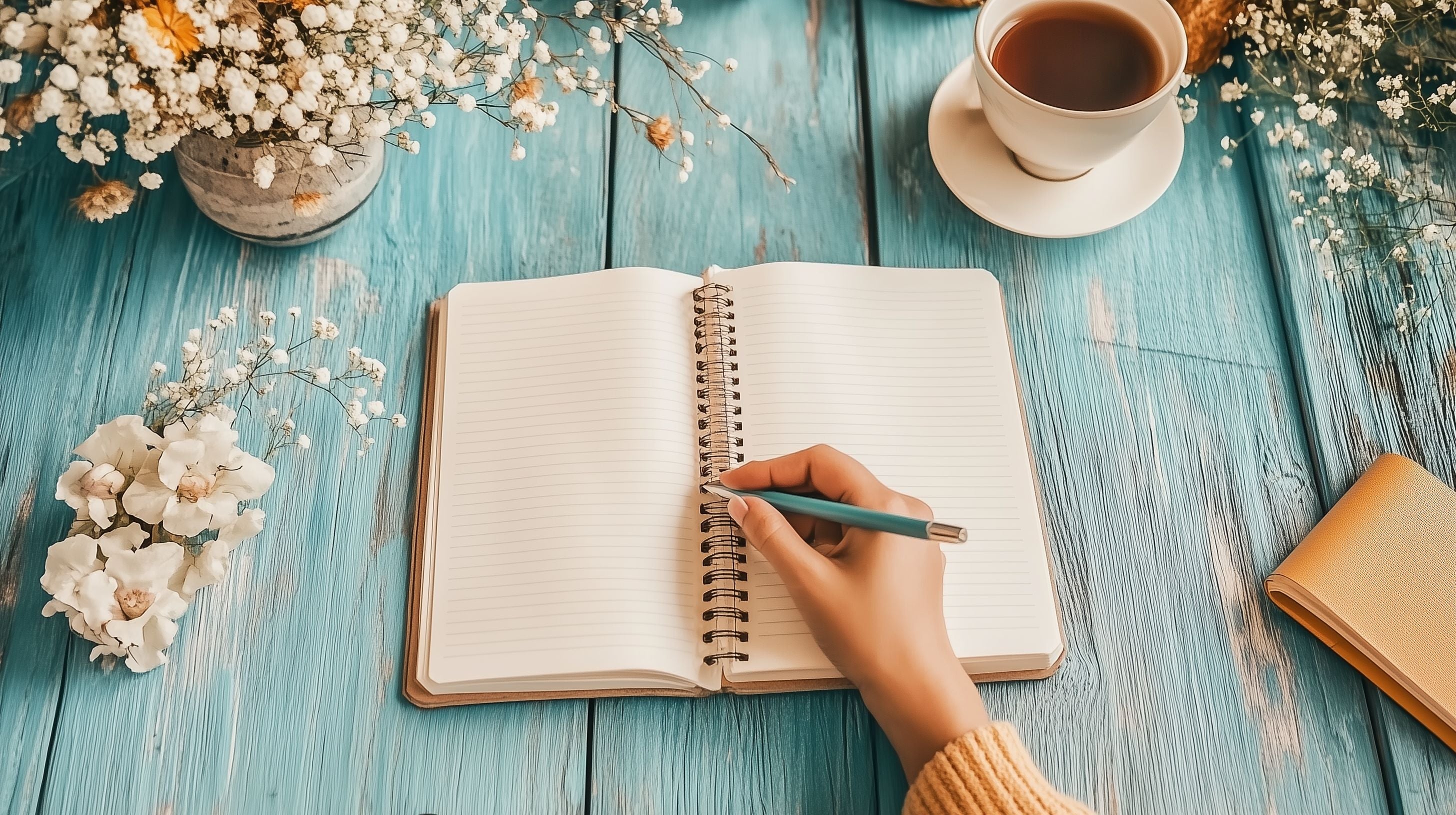 a blue would table with white flowers, a cup of coffee and a person's hand writing things down.