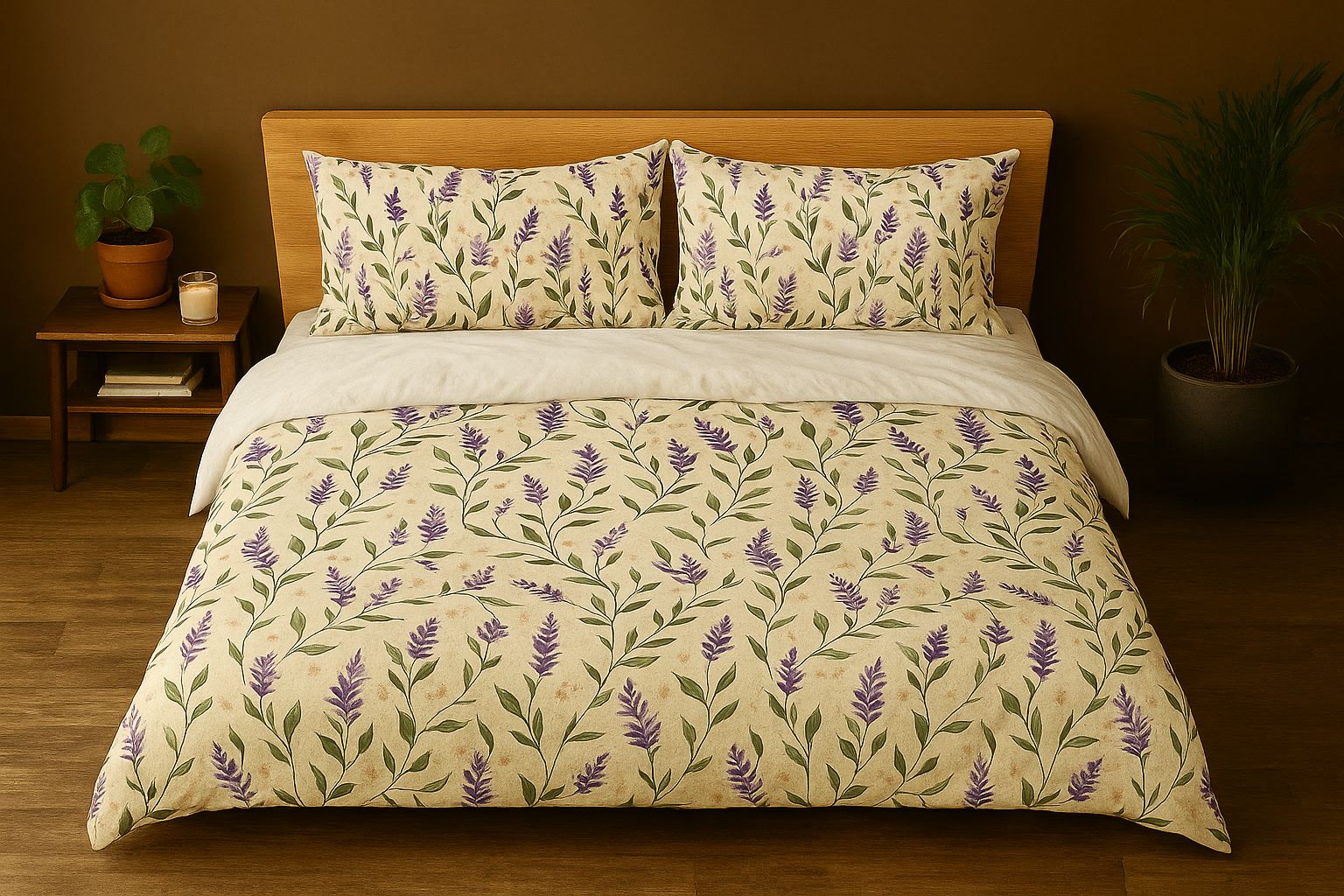 Bright bedroom with floral lavender duvet set on a wood-frame bed, surrounded by plants and natural light, styled in cozy cottagecore decor.
