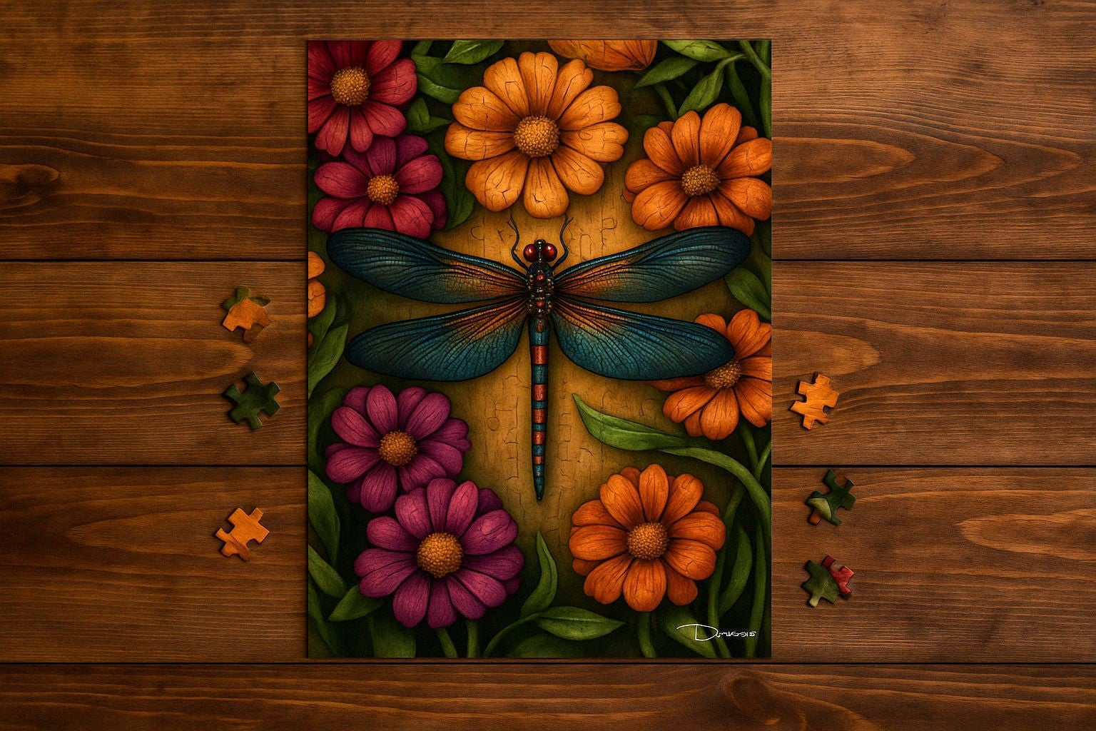 Dragonfly and floral jigsaw puzzle on a wooden table with cozy natural lighting and a few scattered puzzle pieces.