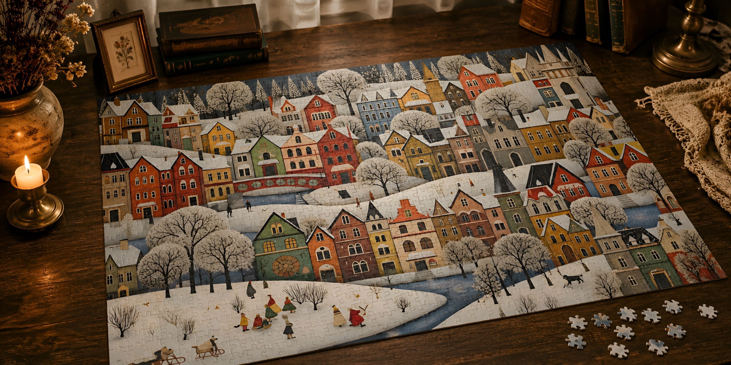 Wooden jigsaw puzzle featuring a colorful snowy village displayed on a walnut table with vintage books and cozy cottage decor.