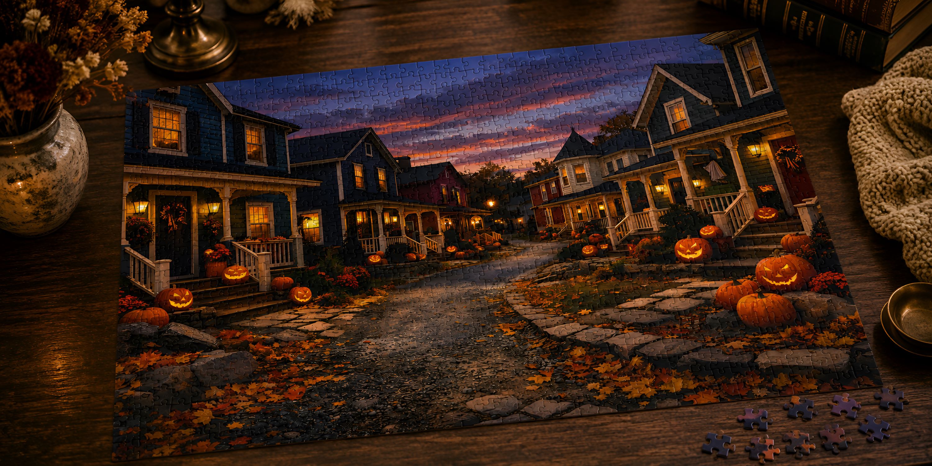 Wooden Halloween jigsaw puzzle with a glowing pumpkin village displayed on a rustic walnut table in a cozy autumn cottage setting.