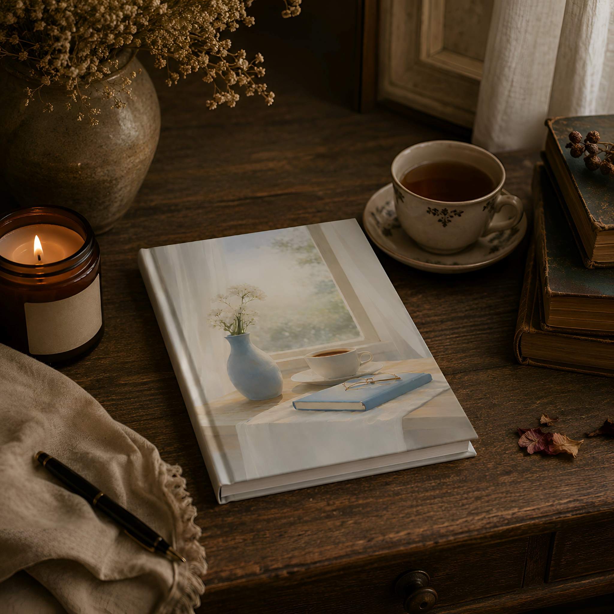 Hardcover journal collection with a printed cover styled on an antique wood desk with tea, candlelight, and dried florals.