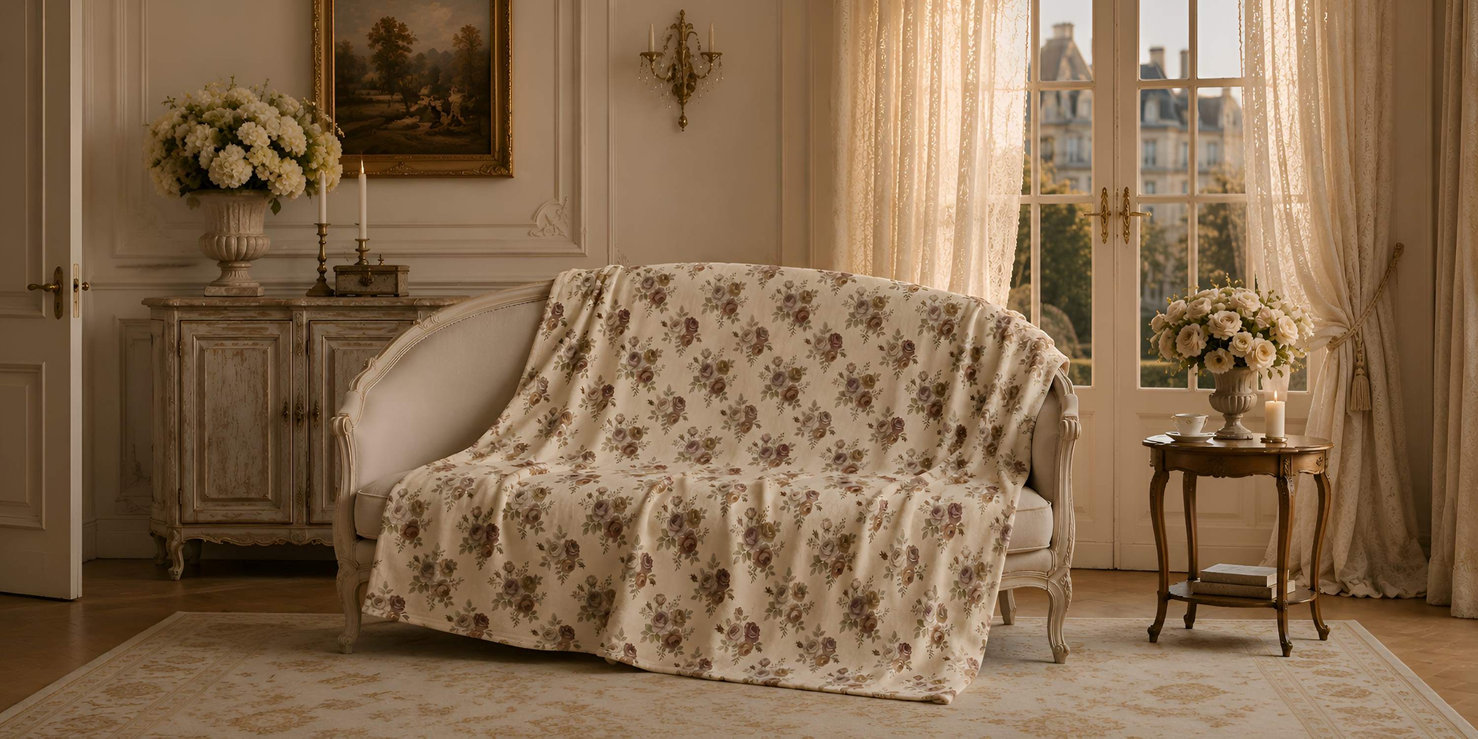 Chateau vintage living room with a romantic floral throw blanket draped over a French country sofa, antique furnishings, soft candlelight, and elegant cottage decor.