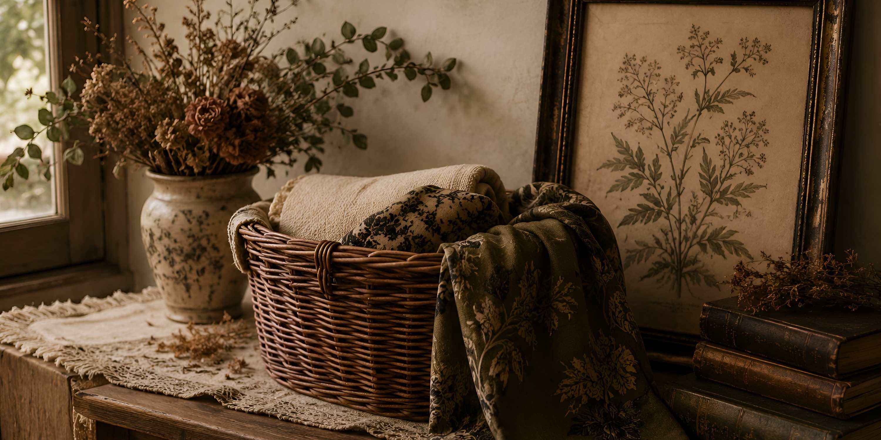 Curated basket of folded home textiles on a walnut table with dried botanicals, vintage books, and warm cottage-style decor. Ready-to-Ship Puzzles: