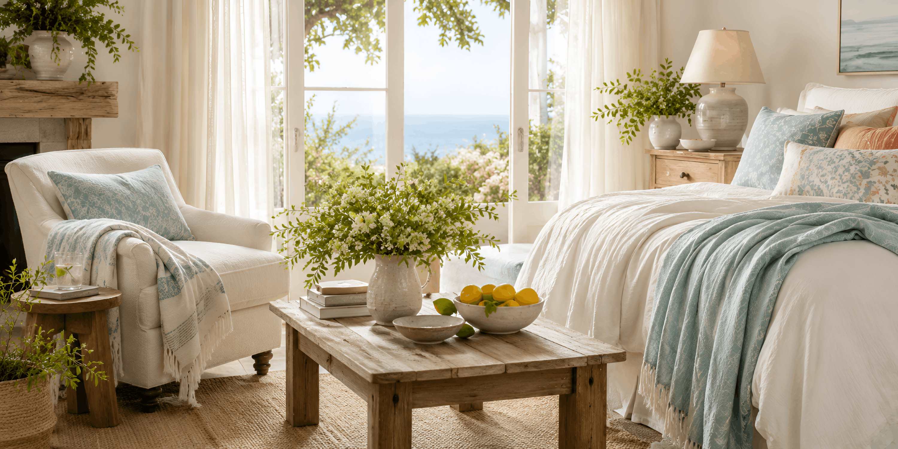 Bright coastal-inspired bedroom with aqua textiles, leafy greenery, citrus accents, natural wood, and an ocean view.