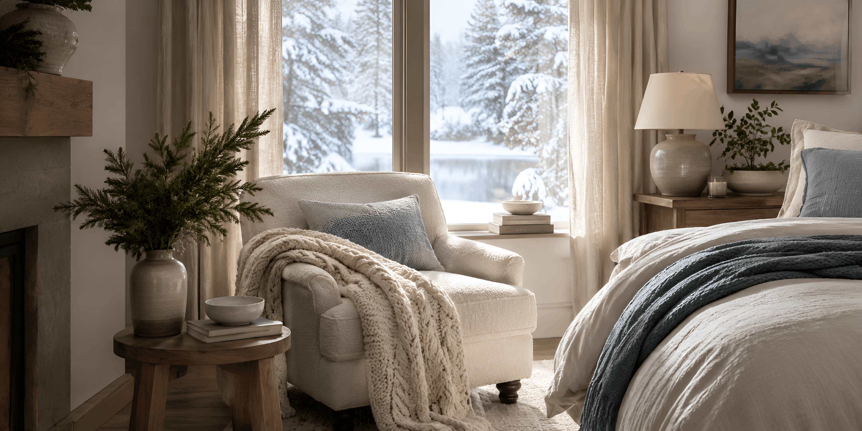 Quiet winter bedroom in ivory, mist blue, and soft gray with forest greenery and snowy trees visible through the windows.