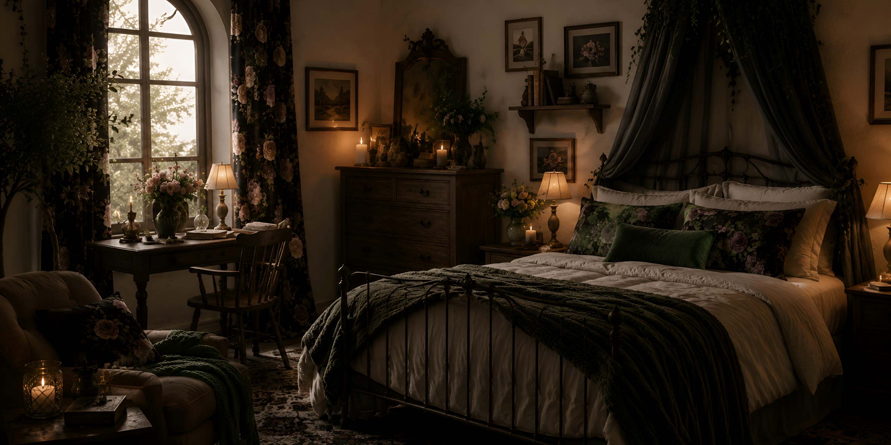 Gothic cottagecore bedroom with dark wood furniture, layered cream and muted green textiles, floral accents, vintage books, and warm candlelit ambience.