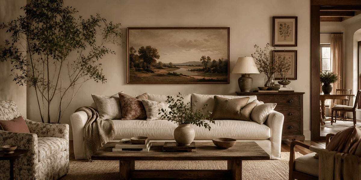 Warm layered living room with neutral furnishings, natural wood, classic botanical and landscape art, and muted rose accents.