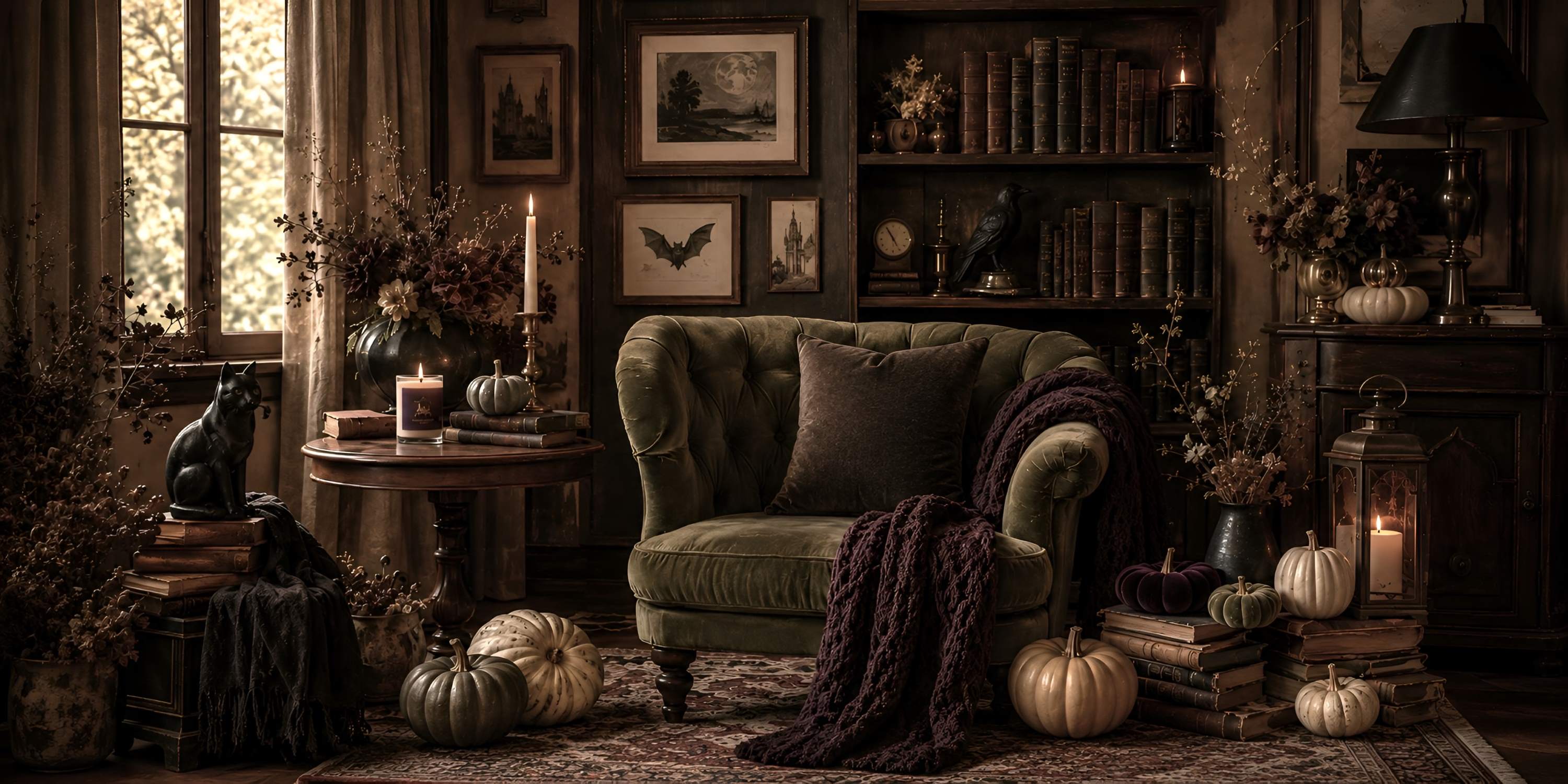 Warm gothic Halloween reading nook with an olive armchair, muted pumpkins, candlelight, antique books, raven decor, and dark botanical accents.