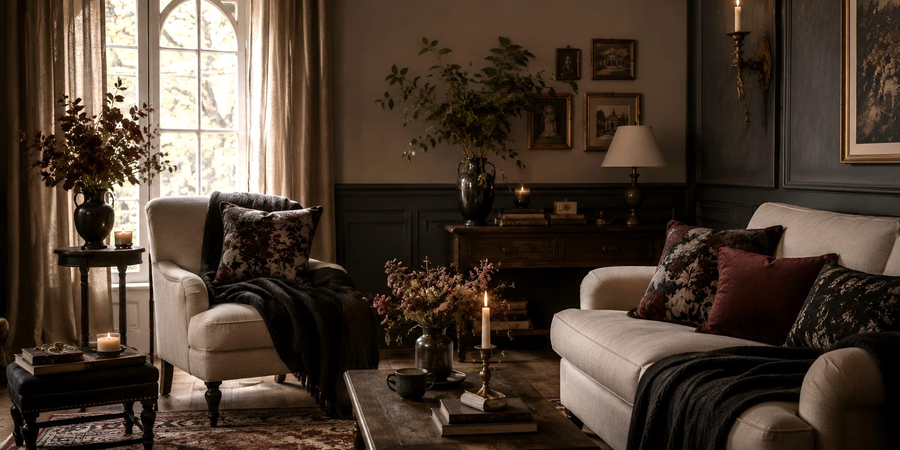 Warm gothic home decor in a reading nook with a dark accent chair, soft throw, moody wall art, candlelit side table, and aged wood details beside a sunlit window.