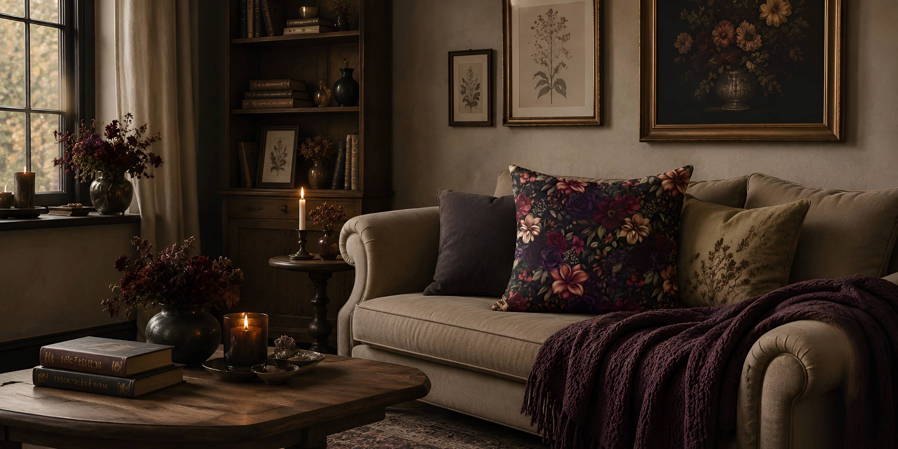 Alt text: **Moody botanical living room with a dark floral throw pillow on a cozy sofa, warm wood accents, candlelight, and vintage wall art in a softly lit gothic-inspired space.**
