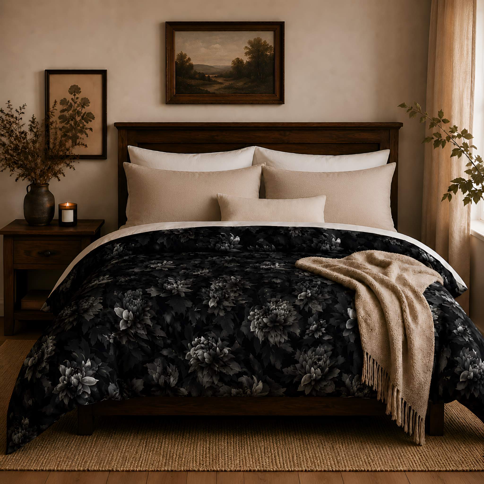 Duvet cover collection with dark floral bedding styled in a warm bedroom with walnut wood, soft linen, and wall art.