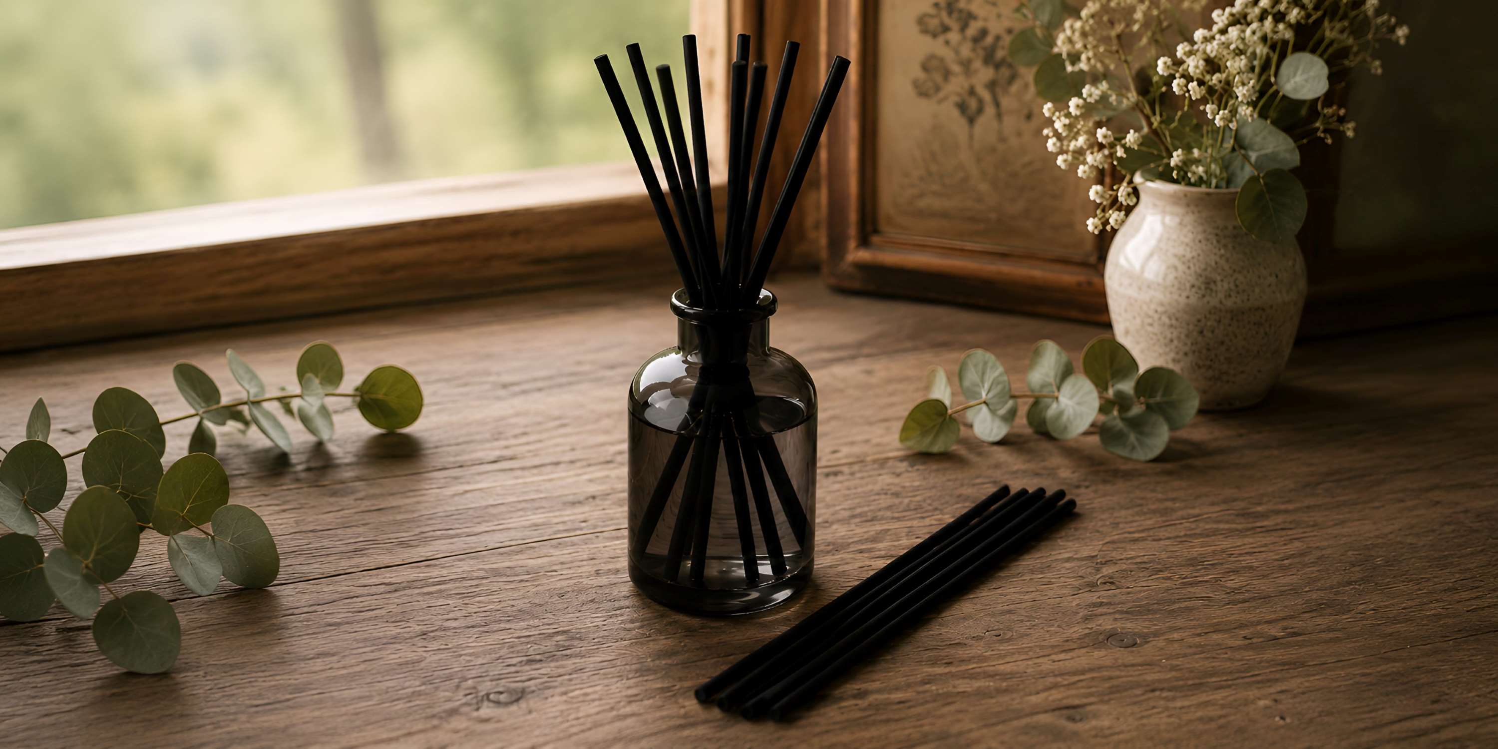 Diffuser reeds collection with black reed diffuser, candle, botanical art, greenery, and warm cottage-gothic styling.