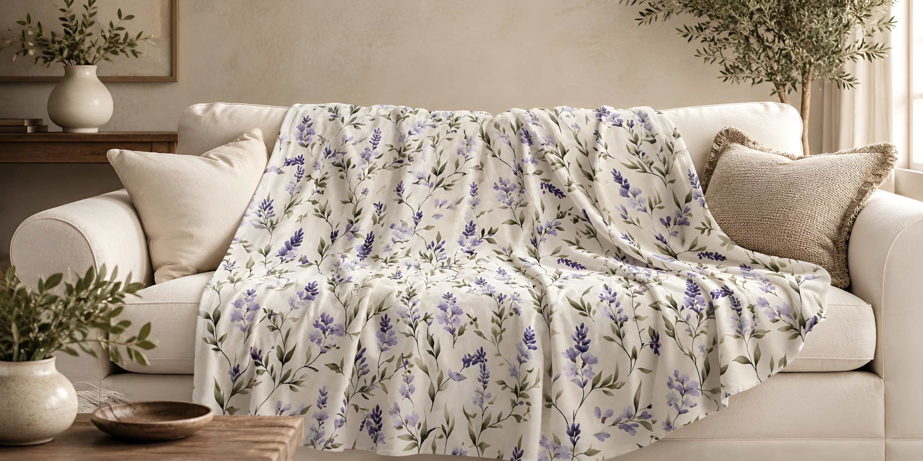 Throw blanket collection with a ivory and lavendar blanket draped over a cream chair in a warm cozy home setting.
