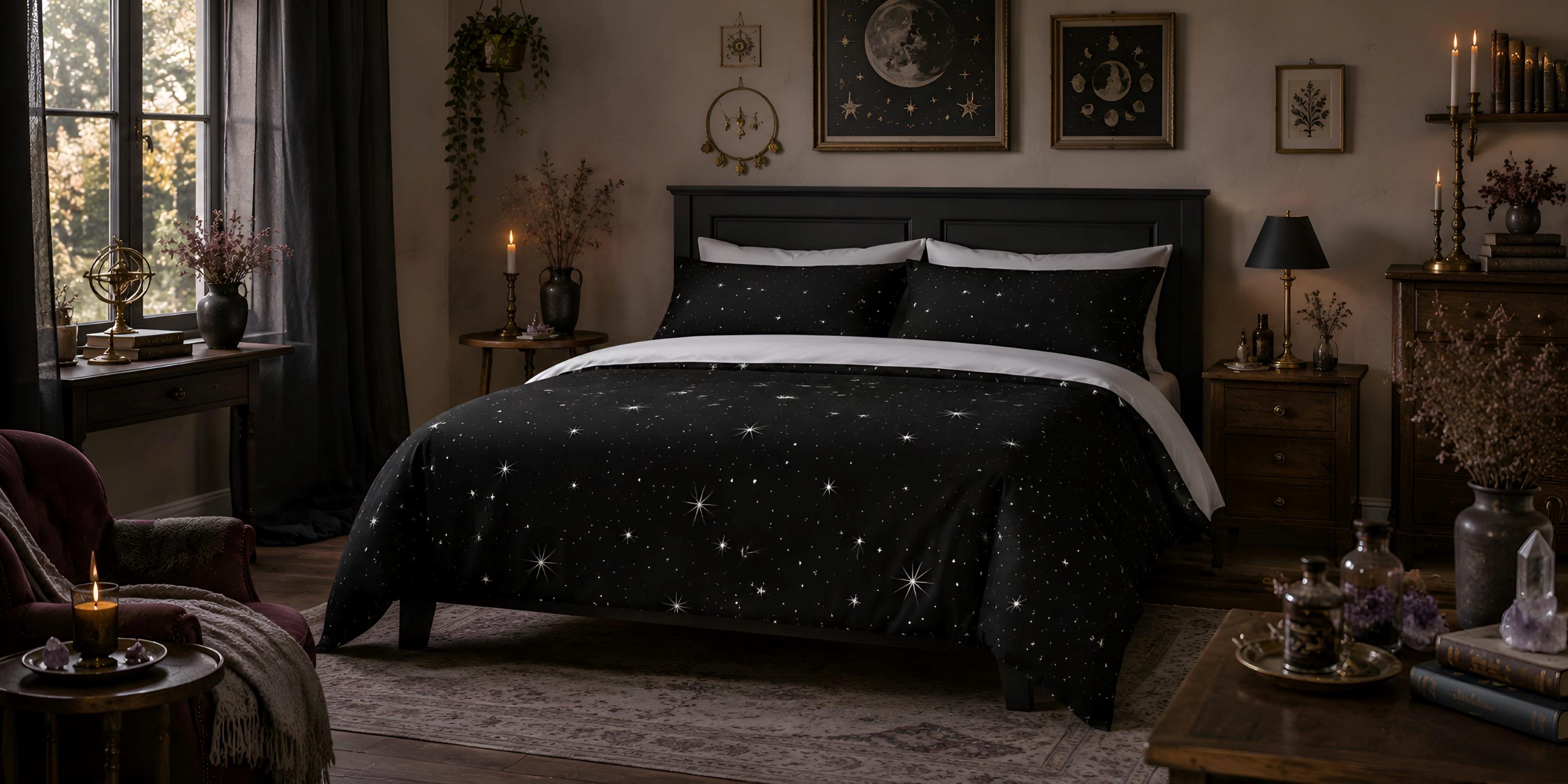 Whimsigoth bedroom with a black star-patterned duvet and shams, celestial moon wall art, candlelight, dark wood furniture, and muted plum accents.