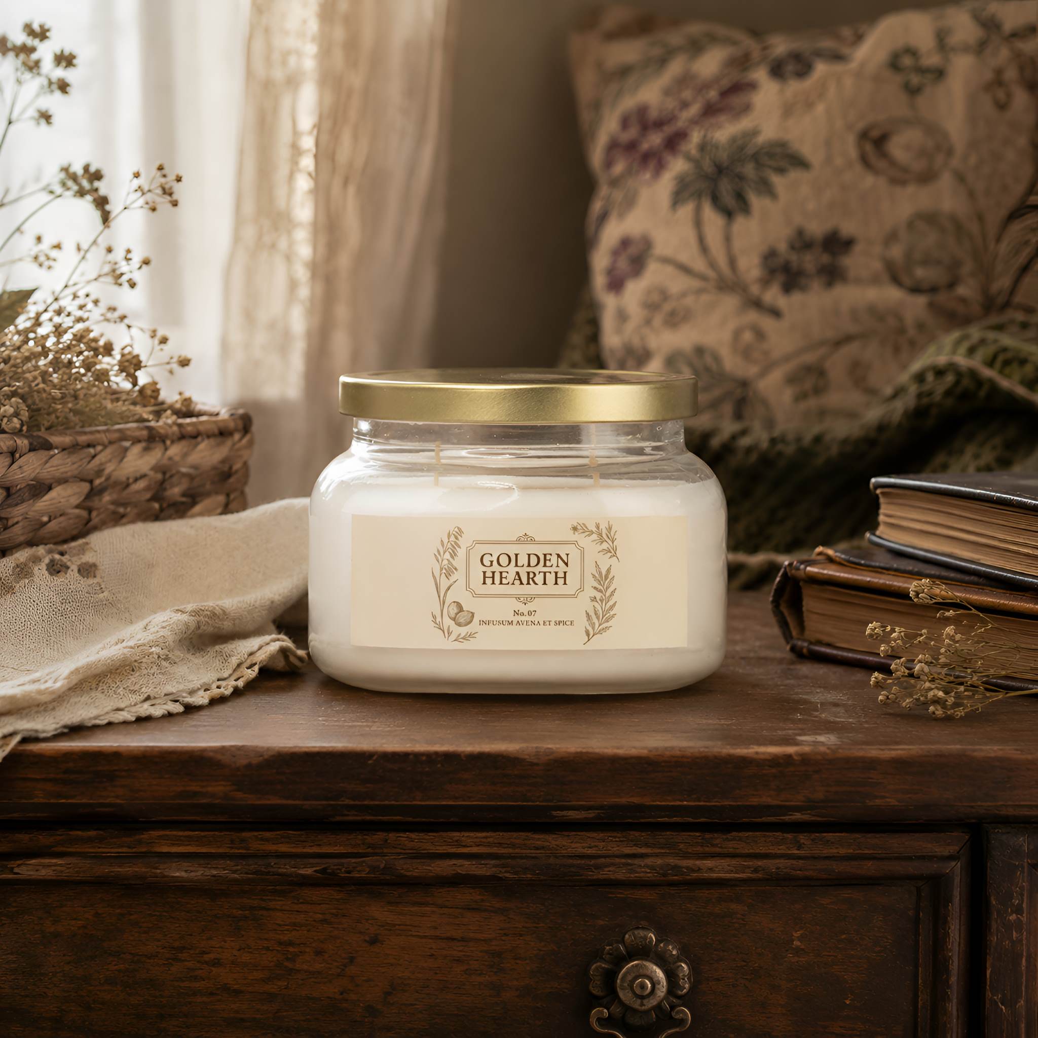 Candle collection with a white jar candle and gold lid styled on aged wood with books, dried botanicals, and cozy decor.