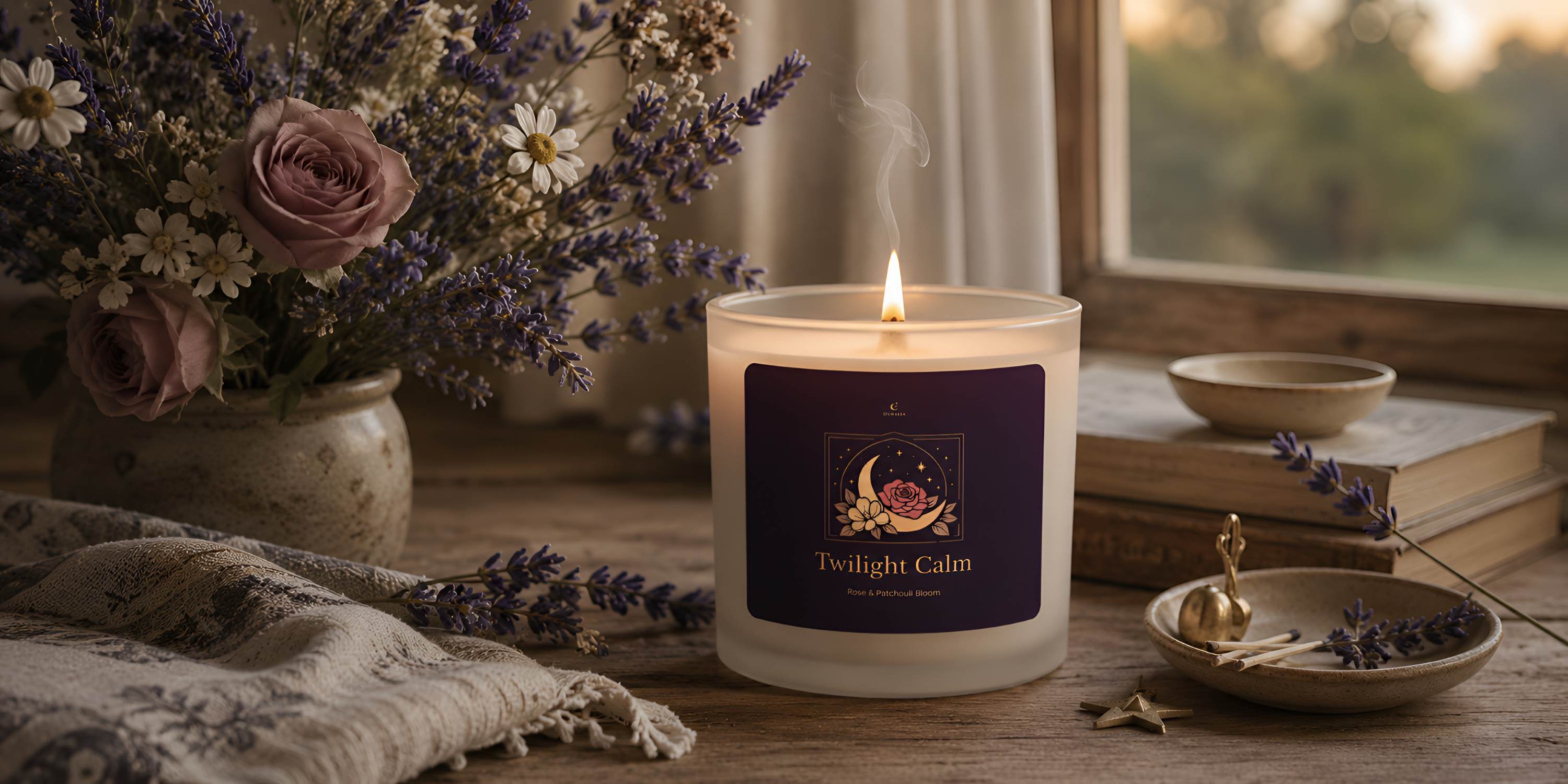 Twilight Calm scented candle glowing on an aged wood table beside lavender, faded roses, books, and antique-inspired accents.