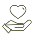 A minimalist dark olive green line icon depicting a hand supporting a heart, set against a solid white background.