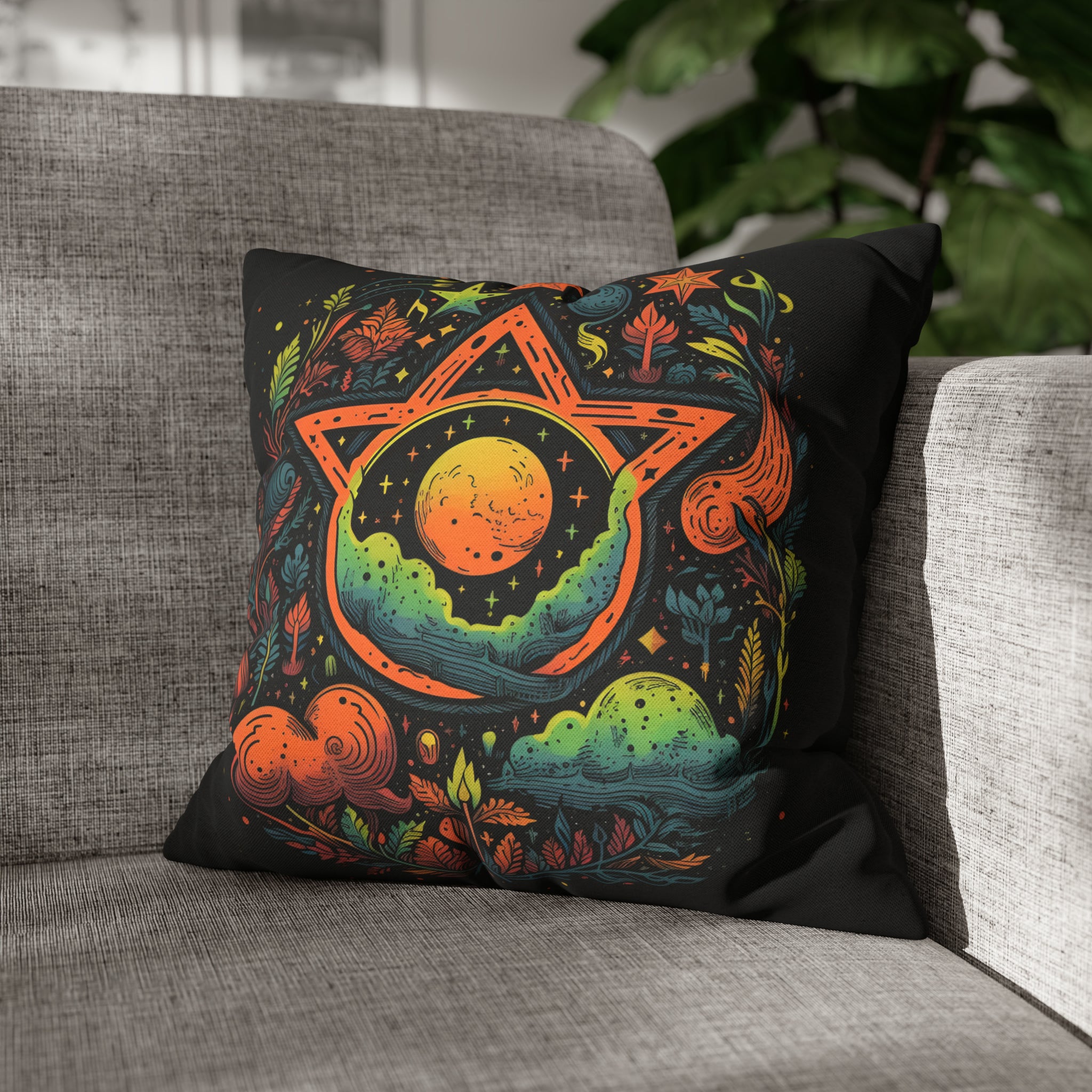 Neon Pentagram Pillow – Woven Polyester Cushion | Cosmic Ritual