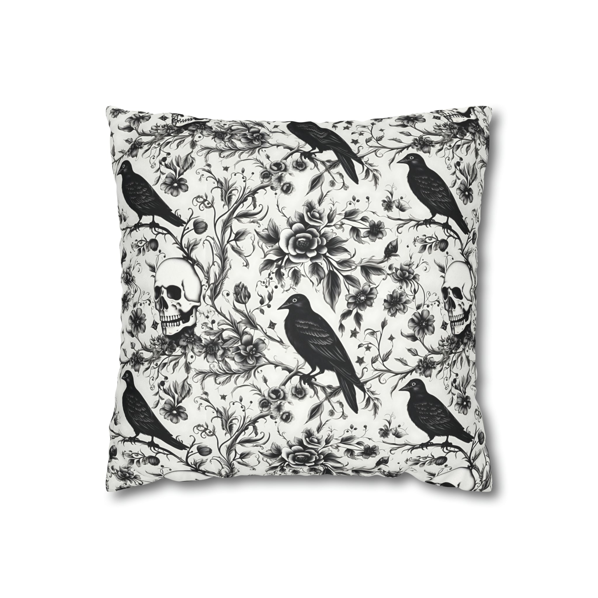 Raven Skull Garden Faux Suede Pillow Cover: Gothic Floral