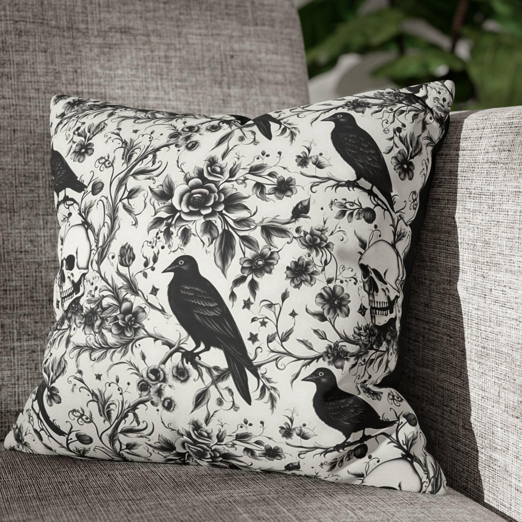 Raven Skull Garden Faux Suede Pillow Cover: Gothic Floral