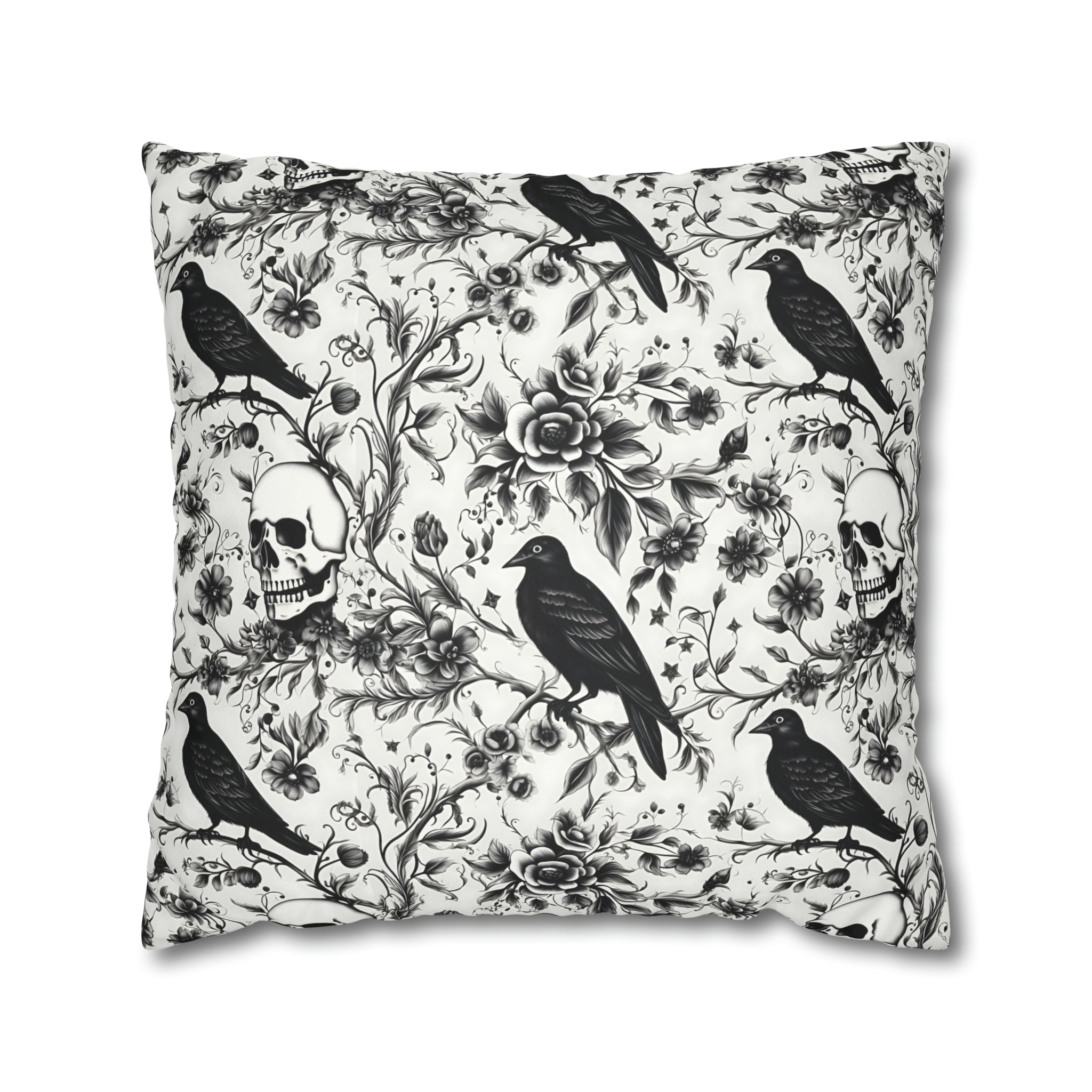 Raven Skull Garden Faux Suede Pillow Cover: Gothic Floral