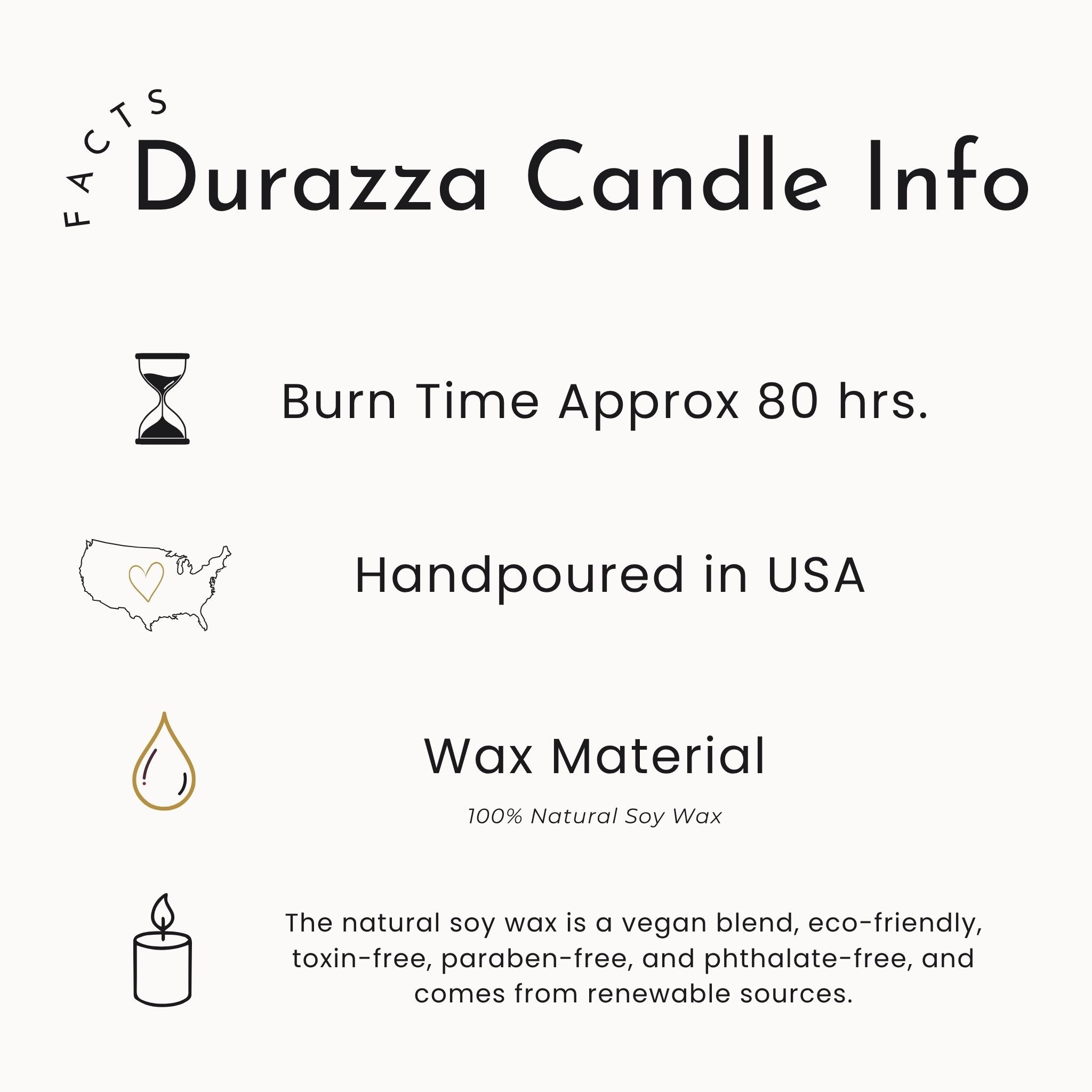Durazza tall Jar 13.75 ounce, candle Info card with burn time, origin, wax material, and sustainability details.