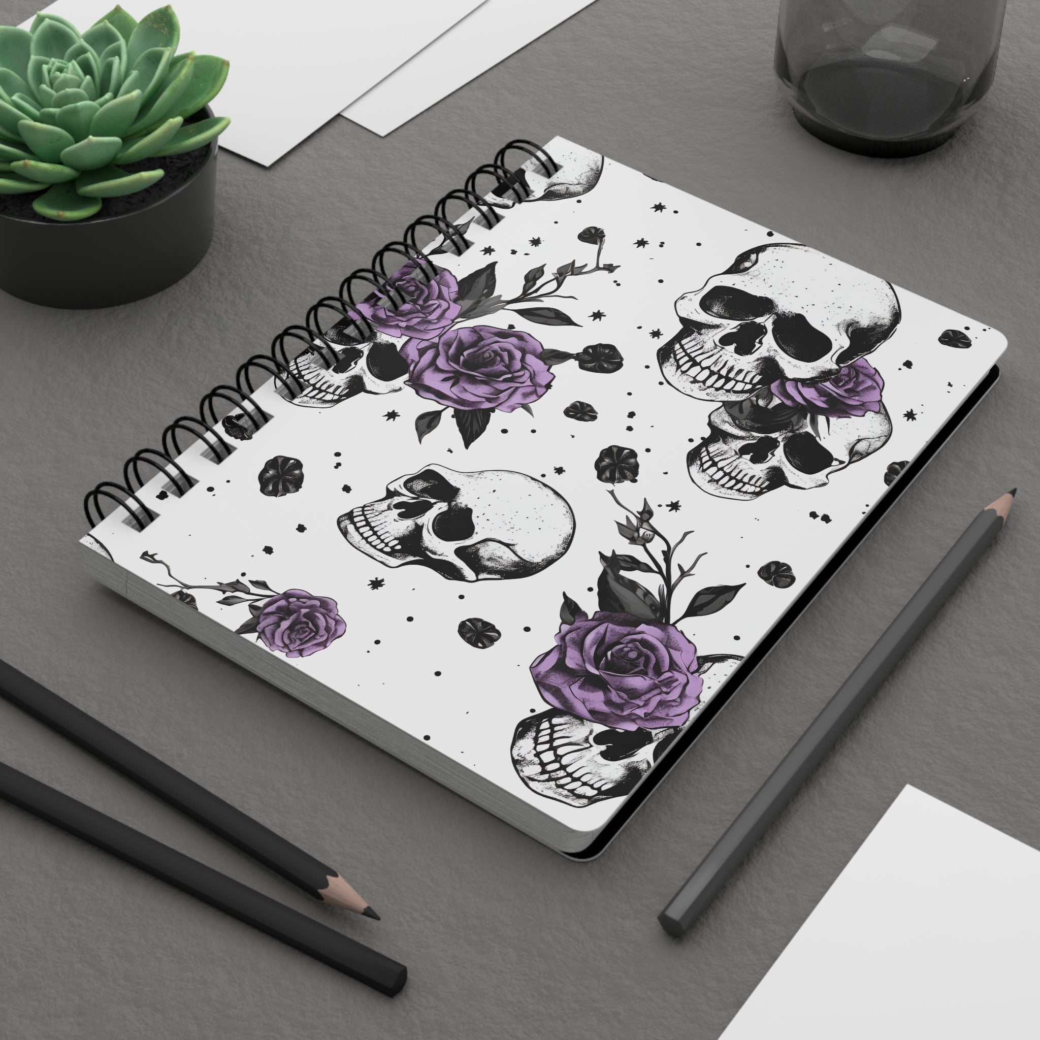 Eternally Yours Skull Lined Notebook, Gothic Violet Rose Spiral Lined 5 x 7 inch