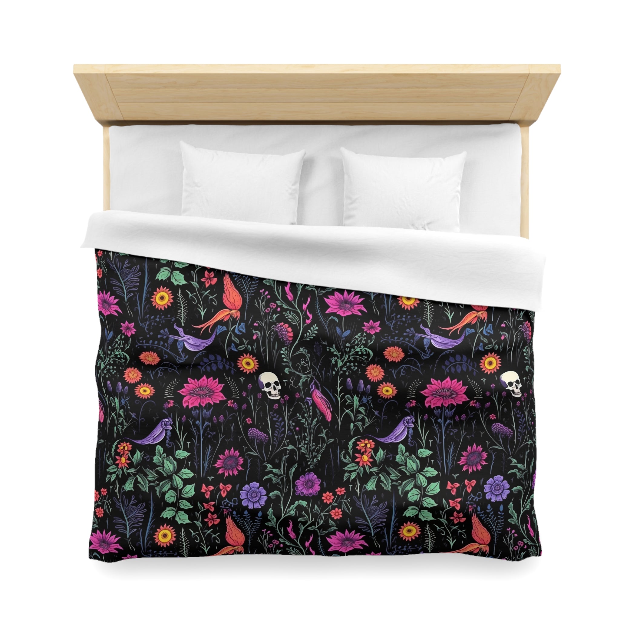 Eerie Wildflower Skull Duvet Cover and Pillow Shams, Microfiber