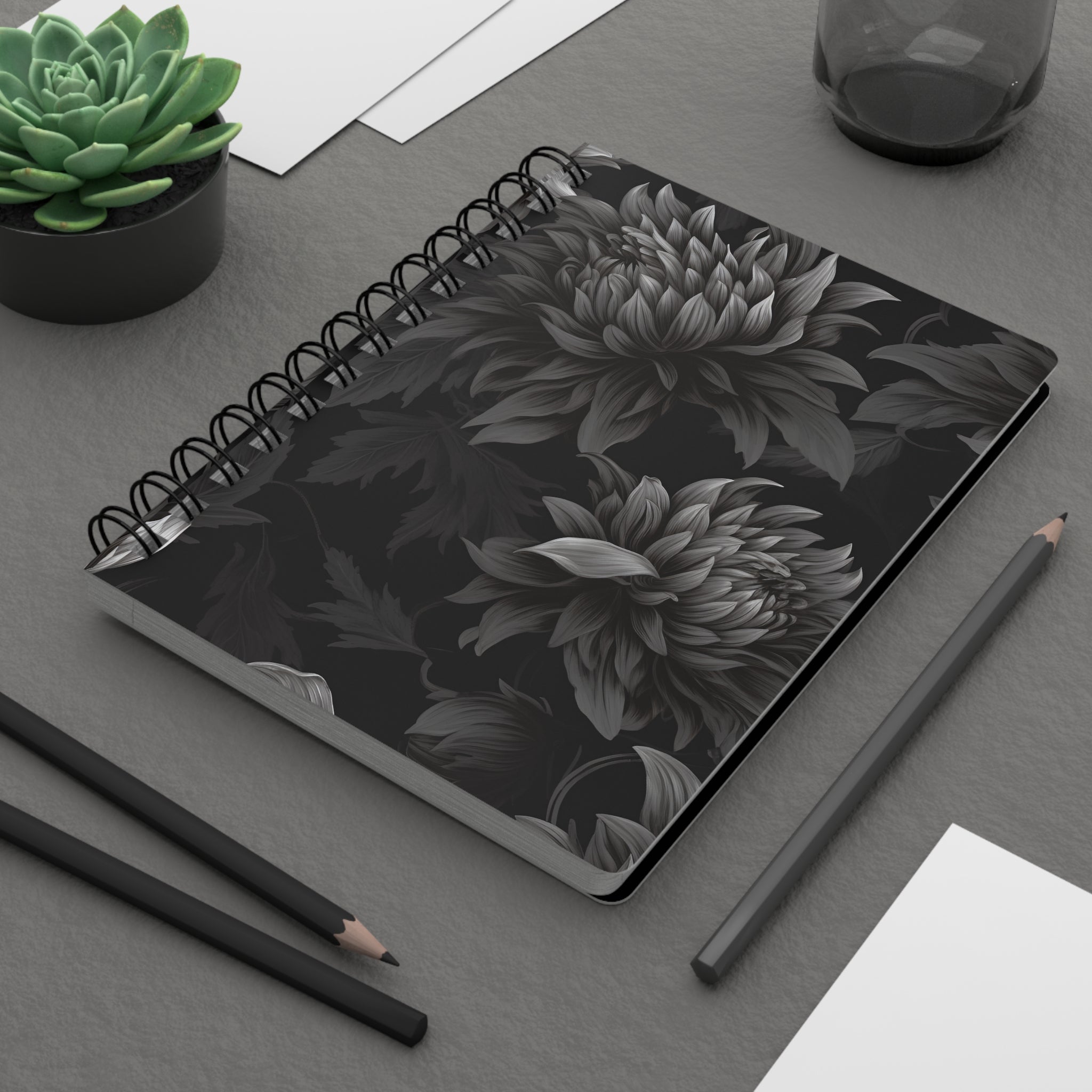 Midnight Black Dahlia Spiral Notebook, 5 x 7 inch