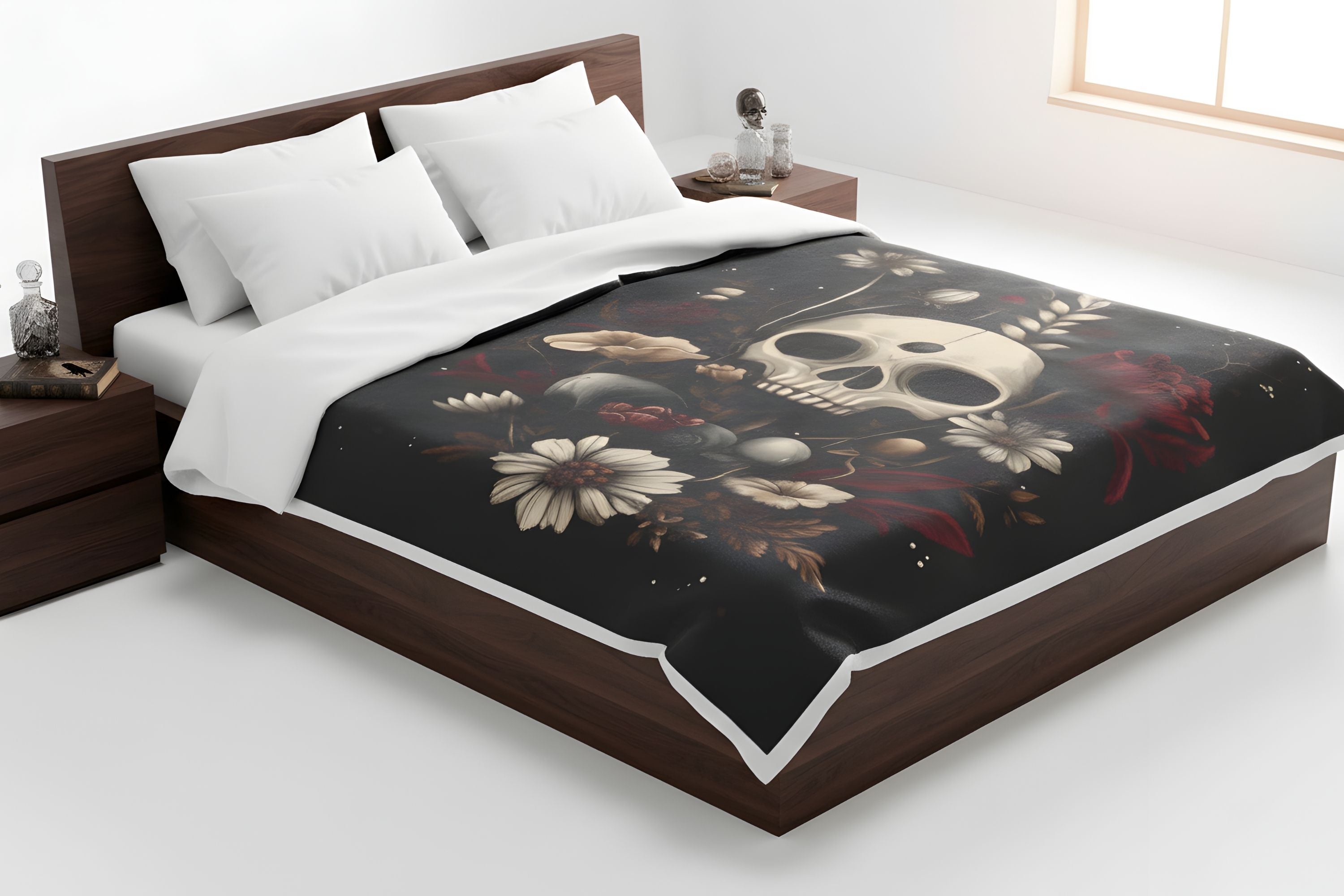 Gothic floral velveteen throw blanket on bed with skull artwork, red blooms, and black background.
